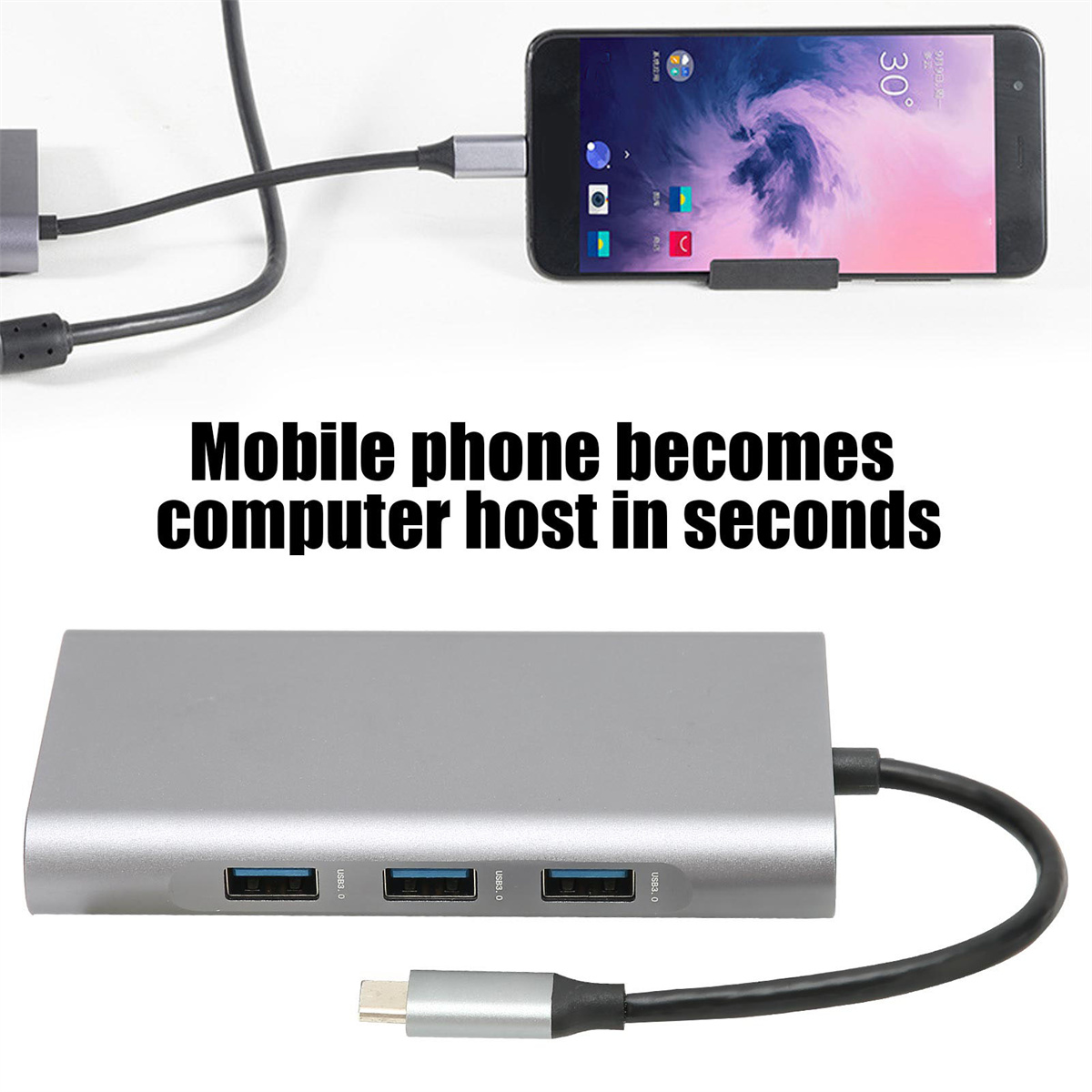 Ein silberner USB-Hub, der mit einem Telefon verbunden ist und zeigt, wie ein Telefon zum Computer-Host wird.