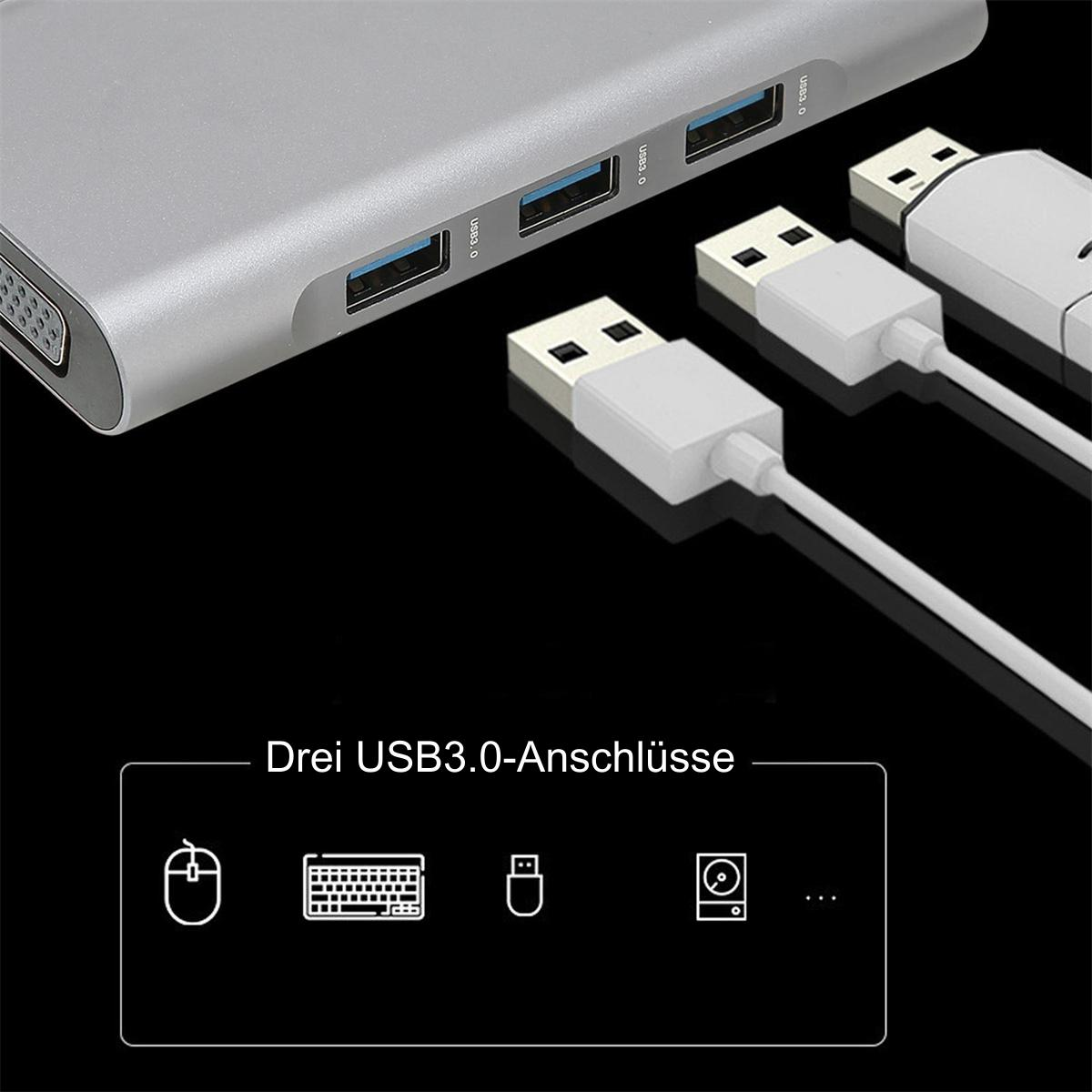 Silberner USB-Hub mit vier USB 3.0-Anschlüssen und drei weißen USB-Kabeln.