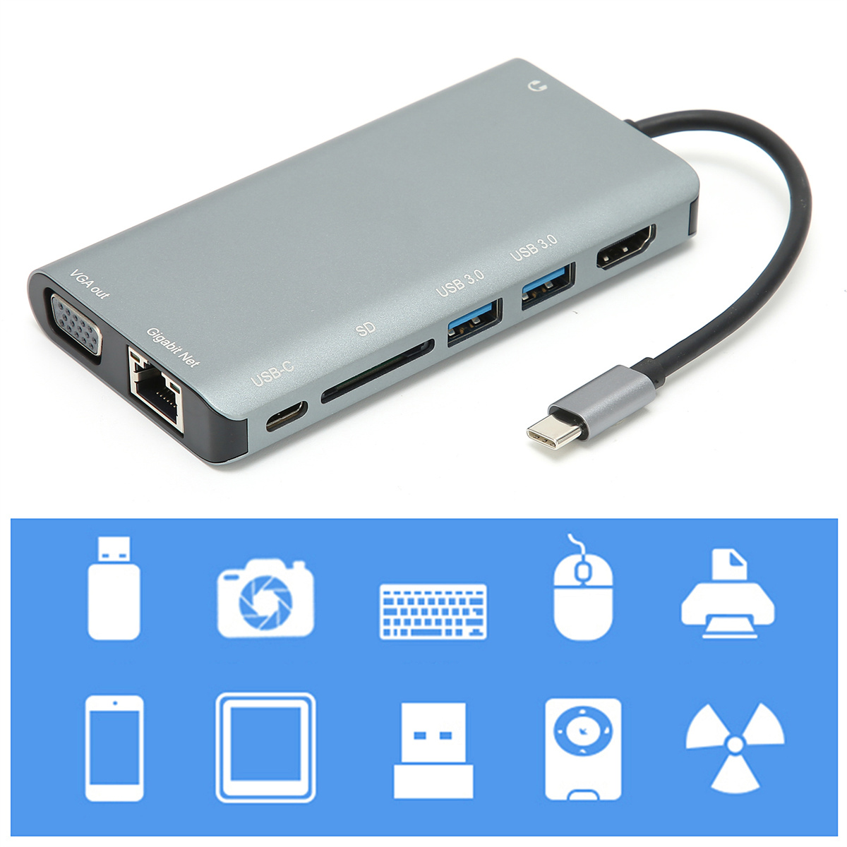 Ein silberner und grauer USB-C-Hub mit mehreren Anschlüssen und einem blauen Hintergrund mit Symbolen.
