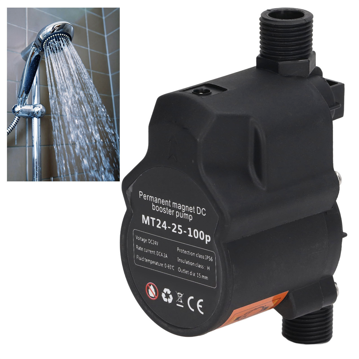 Wasser, das aus einem Duschkopf fließt. Rechts befindet sich eine schwarze Pumpe mit Etiketten.