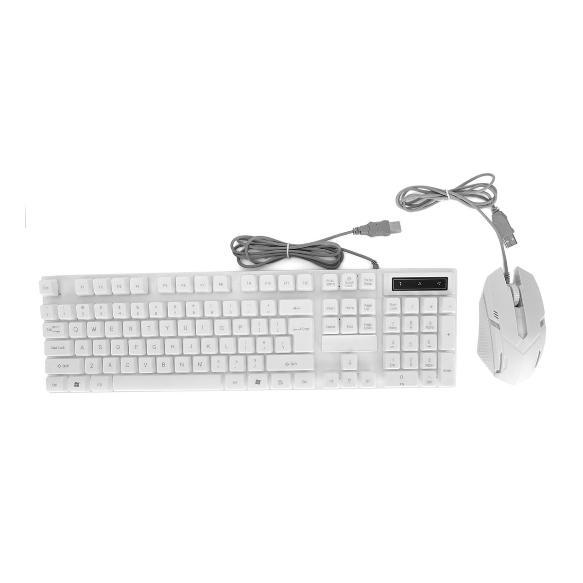 Weiße Tastatur, Maus und USB-Kabel. Die Tastatur ist in voller Größe mit Nummernblock.