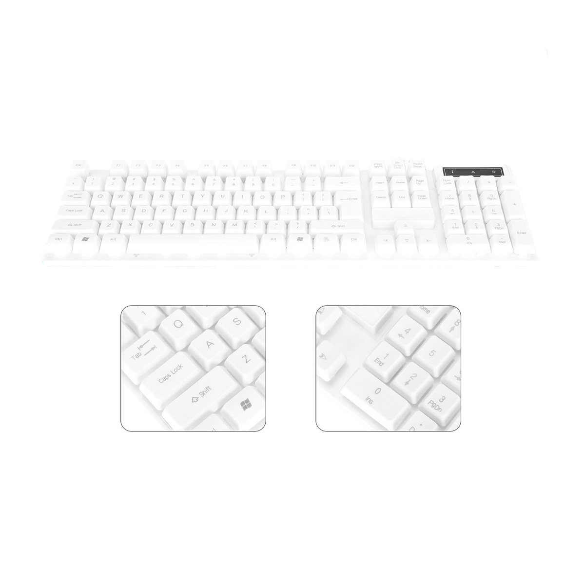 Weiße Tastatur mit Buchstaben und Nummernblock. Nahaufnahmen zeigen Tasten.