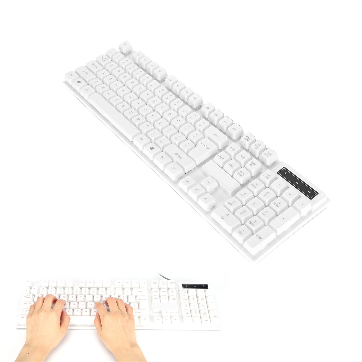 Weiße Tastatur. Eine Nahaufnahme der Hände, die auf die Tastatur tippen, befindet sich unten links.
