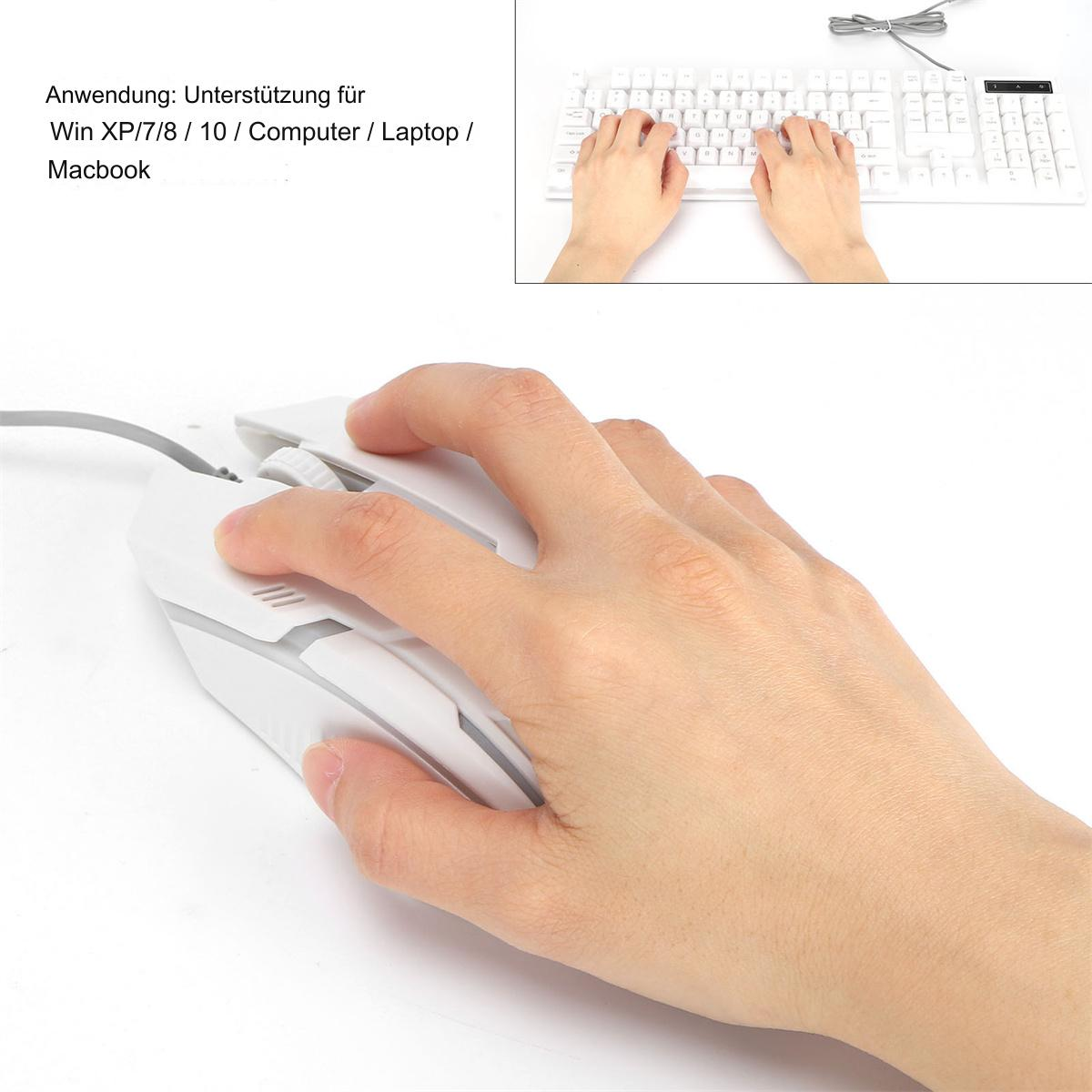 Hand benutzt weiße Maus neben Tastatur. Text beschreibt Anwendung.