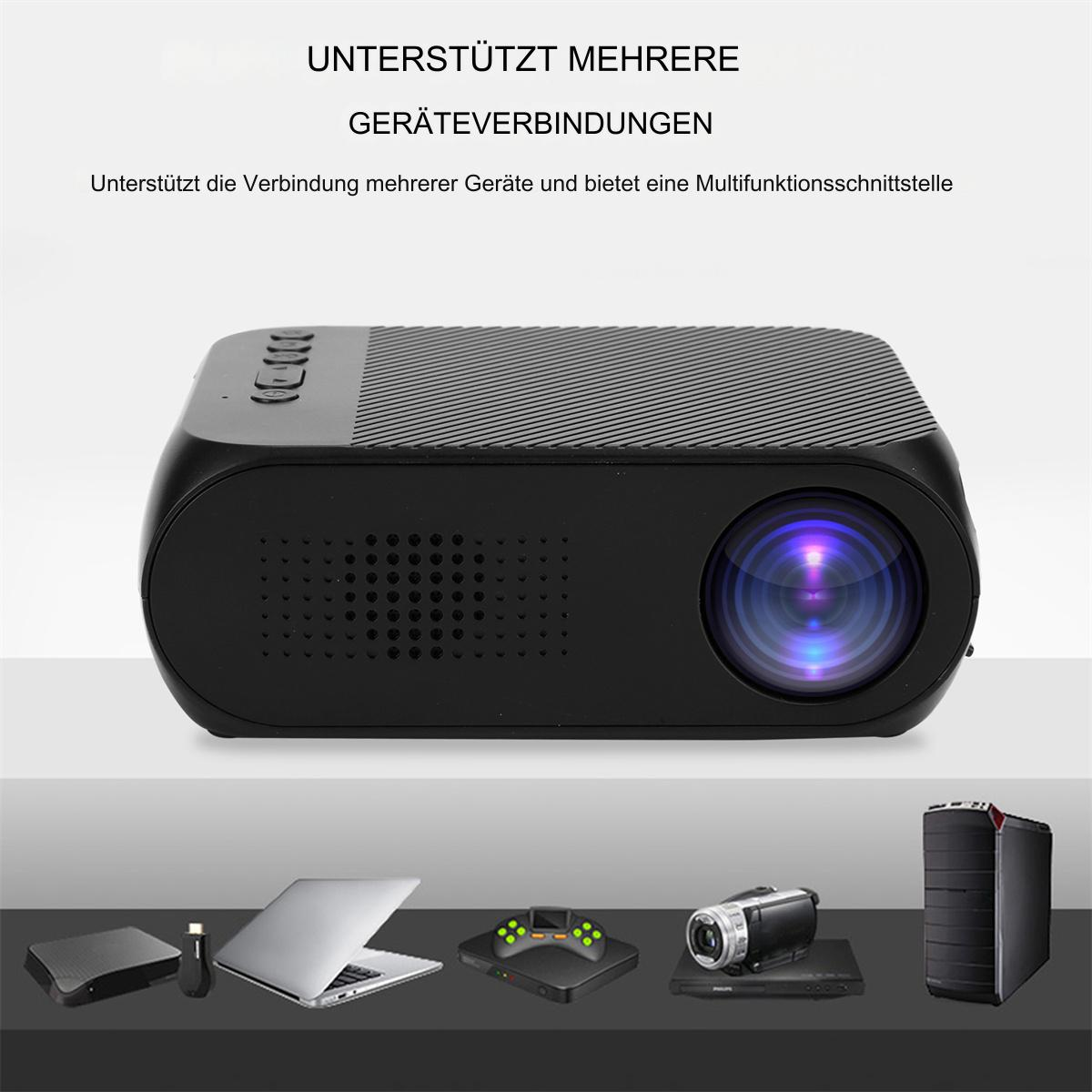 Schwarzer Projektor mit mehreren Eingängen, Laptop und andere Geräte.
