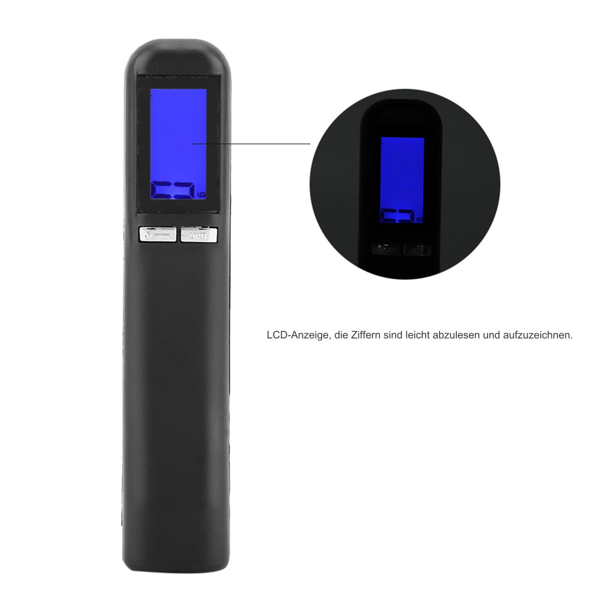 Schwarzer Alkoholtester mit blauem Display. Weißer Hintergrund. Runddetail zeigt das Display.