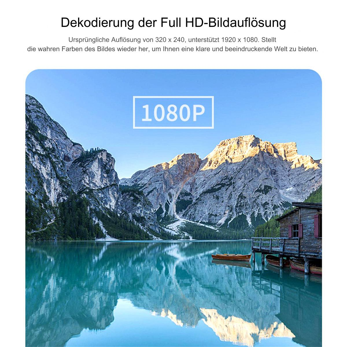 Eine malerische Ansicht eines Sees und Bergen mit einem Boot. Text '1080P' ist in der Mitte. Blauer Himmel.