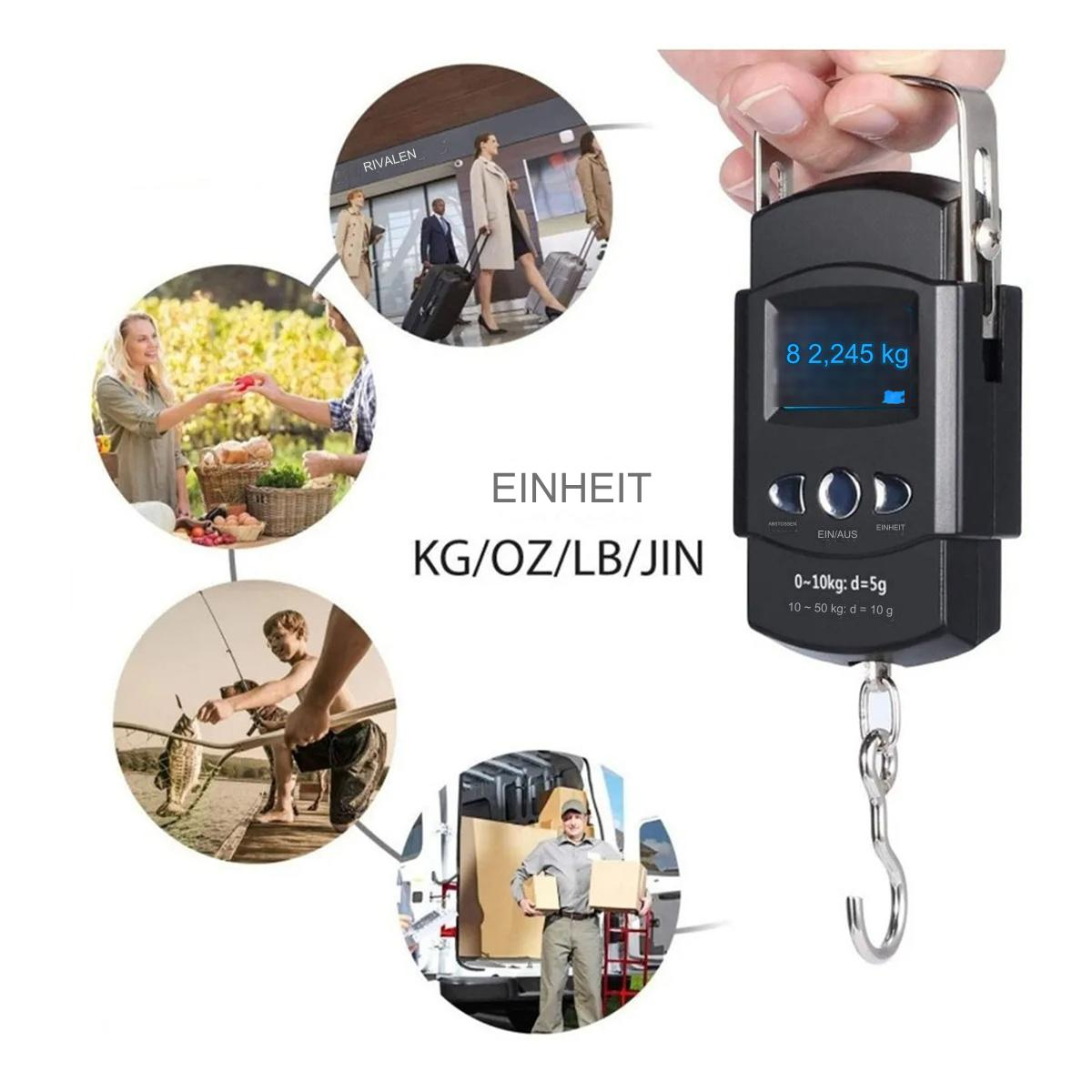 Eine schwarze Digitalwaage mit Haken. Mehrere Bilder umgeben sie und zeigen ihre Verwendung.