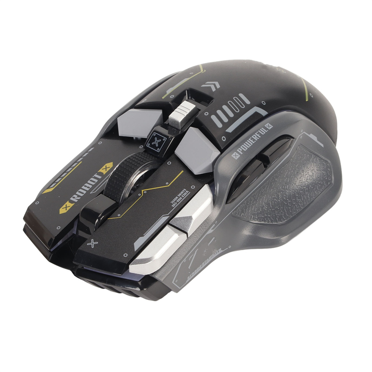 Eine schwarze Gaming-Maus mit gelben und grauen Akzenten. Tasten und Scrollrad sichtbar. Text: Robot X, Powerful X.