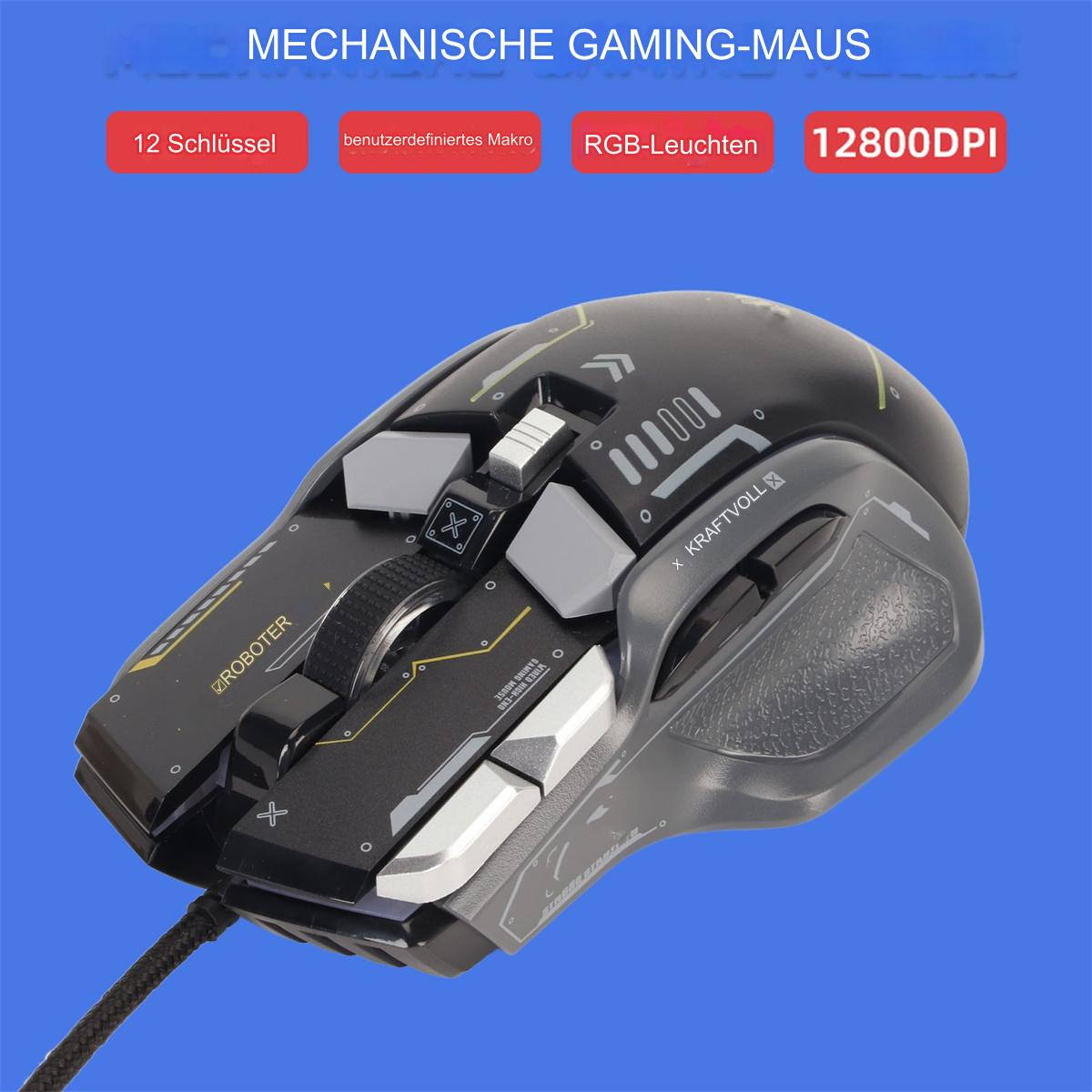 Eine Gaming-Maus mit Tasten, einem Scrollrad und einer Kabelverbindung, mit Text über Funktionen.