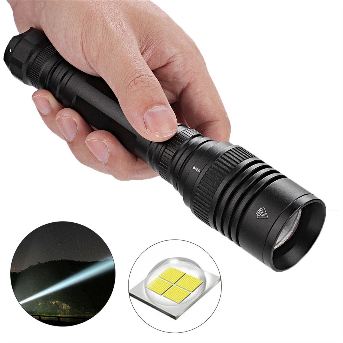 Eine Hand, die eine schwarze Taschenlampe hält. Insets zeigen einen Lichtstrahl und das LED-Array der Taschenlampe.