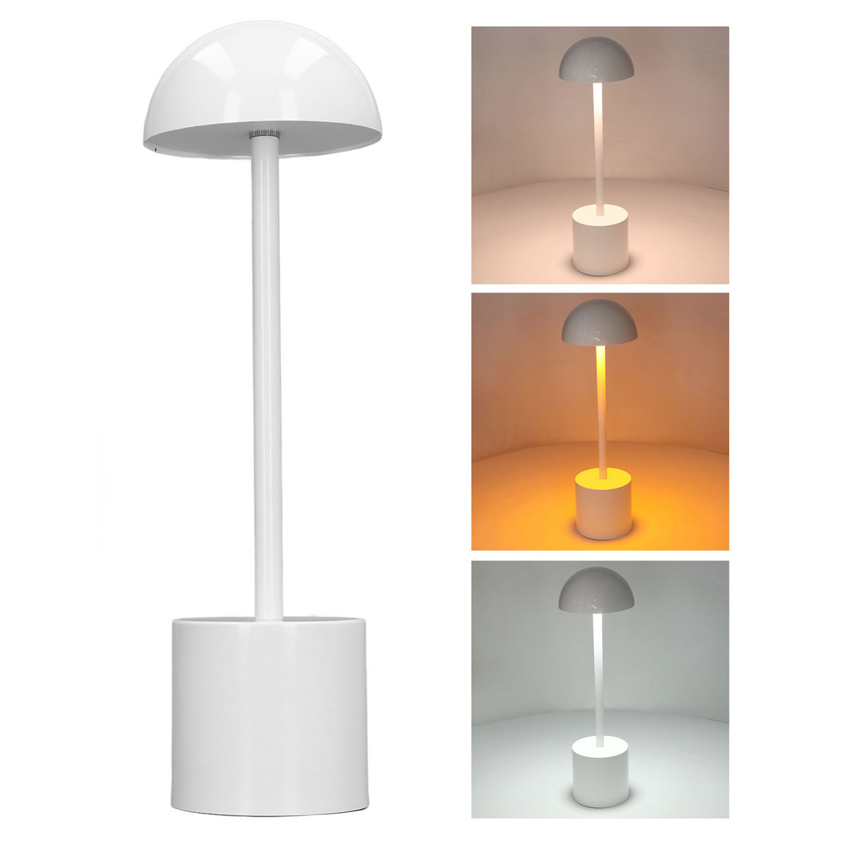 Weiße Tischlampe mit geschwungenem Schirm und zylindrischem Sockel. Drei Bilder zeigen die Lampe in verschiedenen Farben.