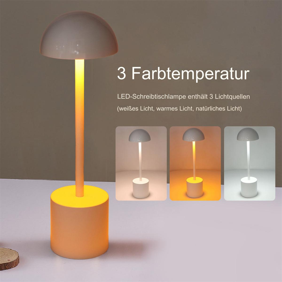 Eine Tischlampe mit drei Lichteinstellungen. Sie hat eine abgerundete Oberseite und einen zylindrischen Sockel. Verschiedene Farben.