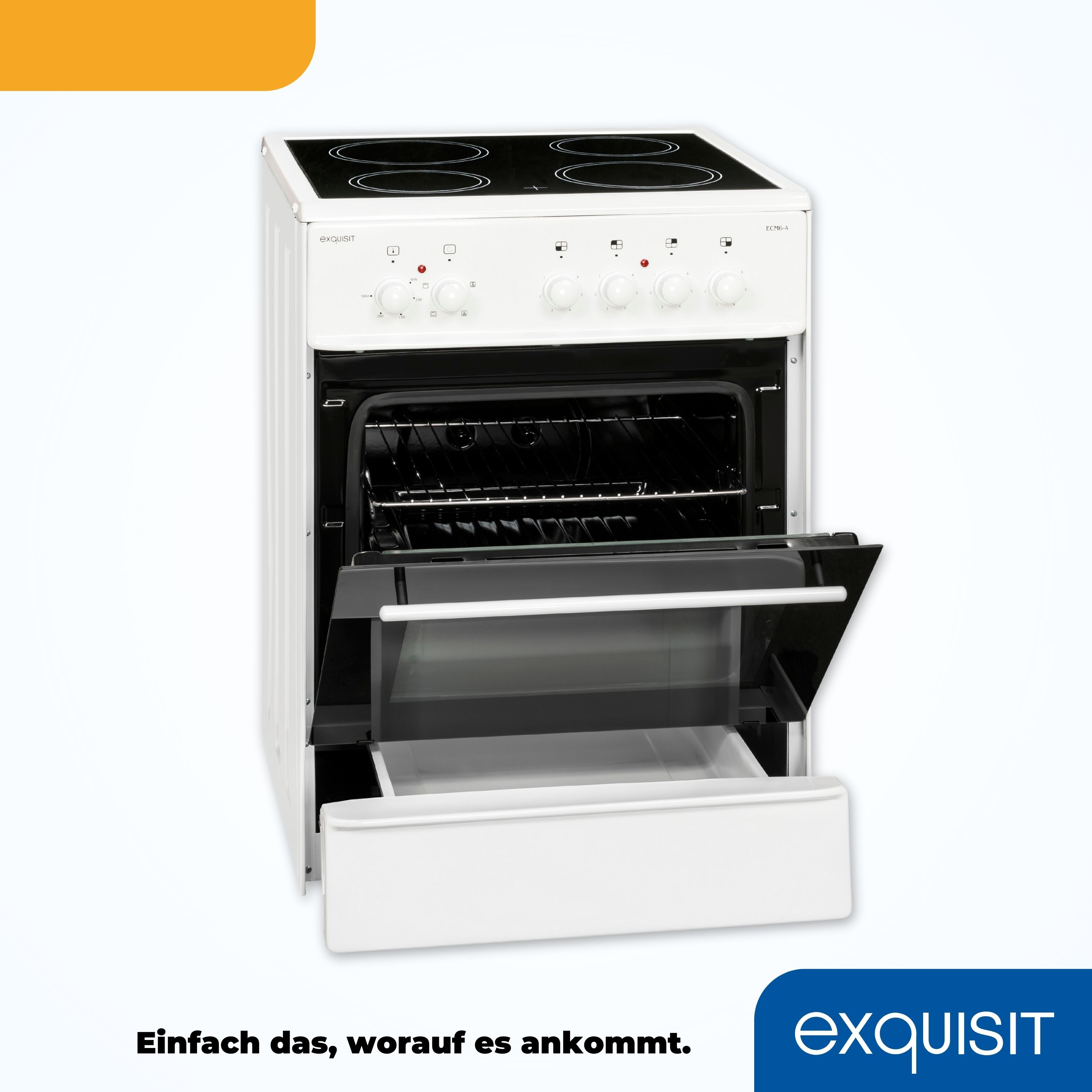 Ein weißer Elektroherd mit offener Backofentür. Das Wort EXQUISIT steht unten.