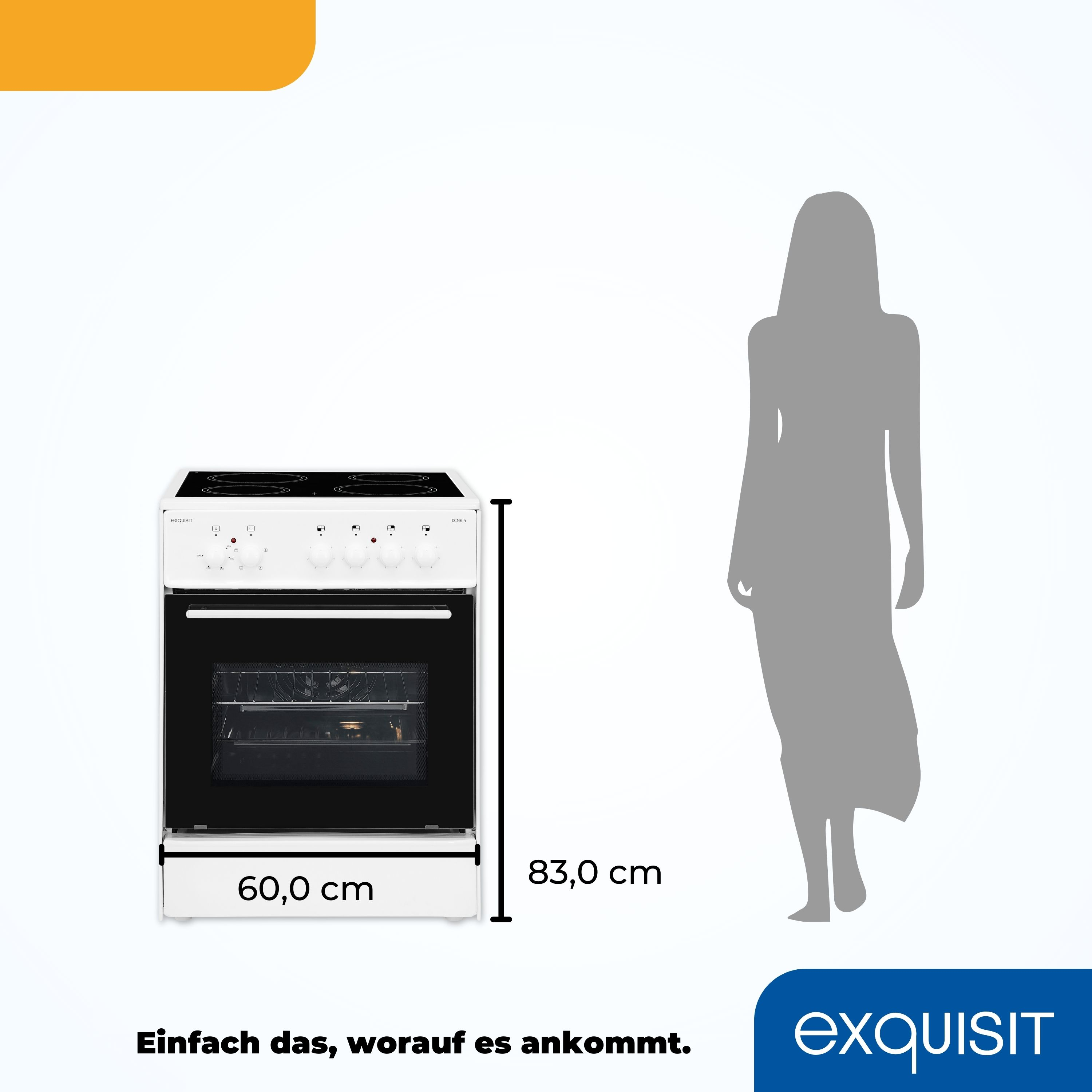 Weißer Ofen. Abmessungen werden neben einer Personensilhouette angezeigt. Der Markenname ist sichtbar.