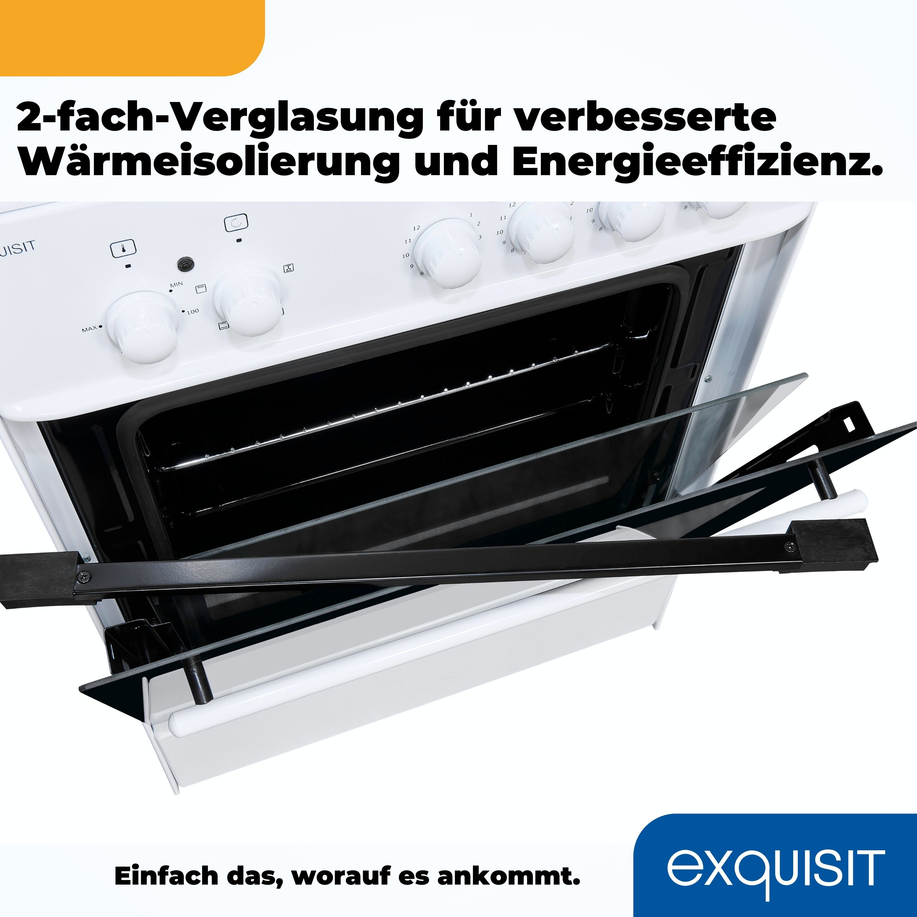 Weißer Ofen mit offener Tür. Text auf Deutsch zur Energieeffizienz.
