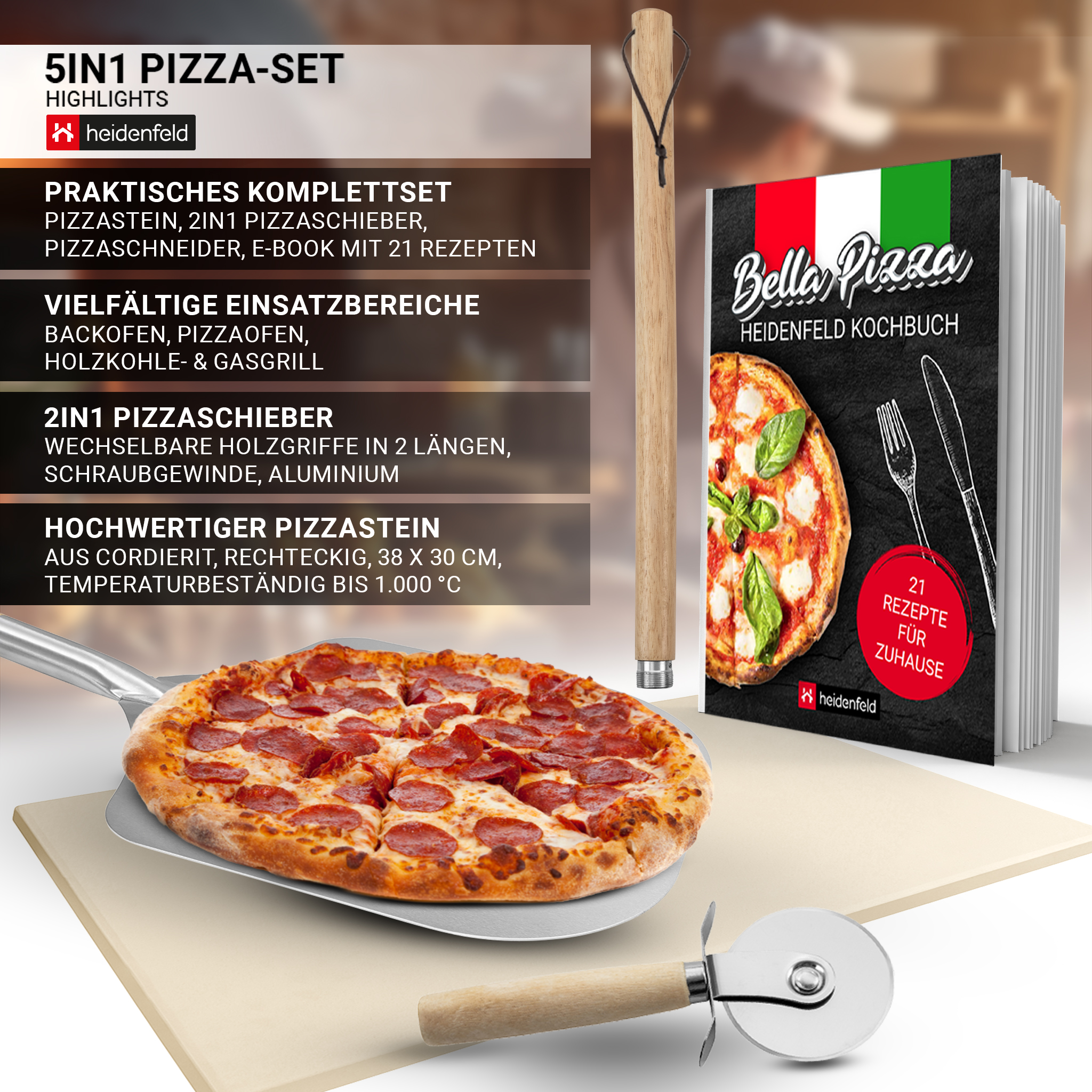 Eine Pizza auf einem Pizzaschieber, mit Pizzaschneider und Kochbuch, Zutaten für ein 5-in-1 Pizza-Set.