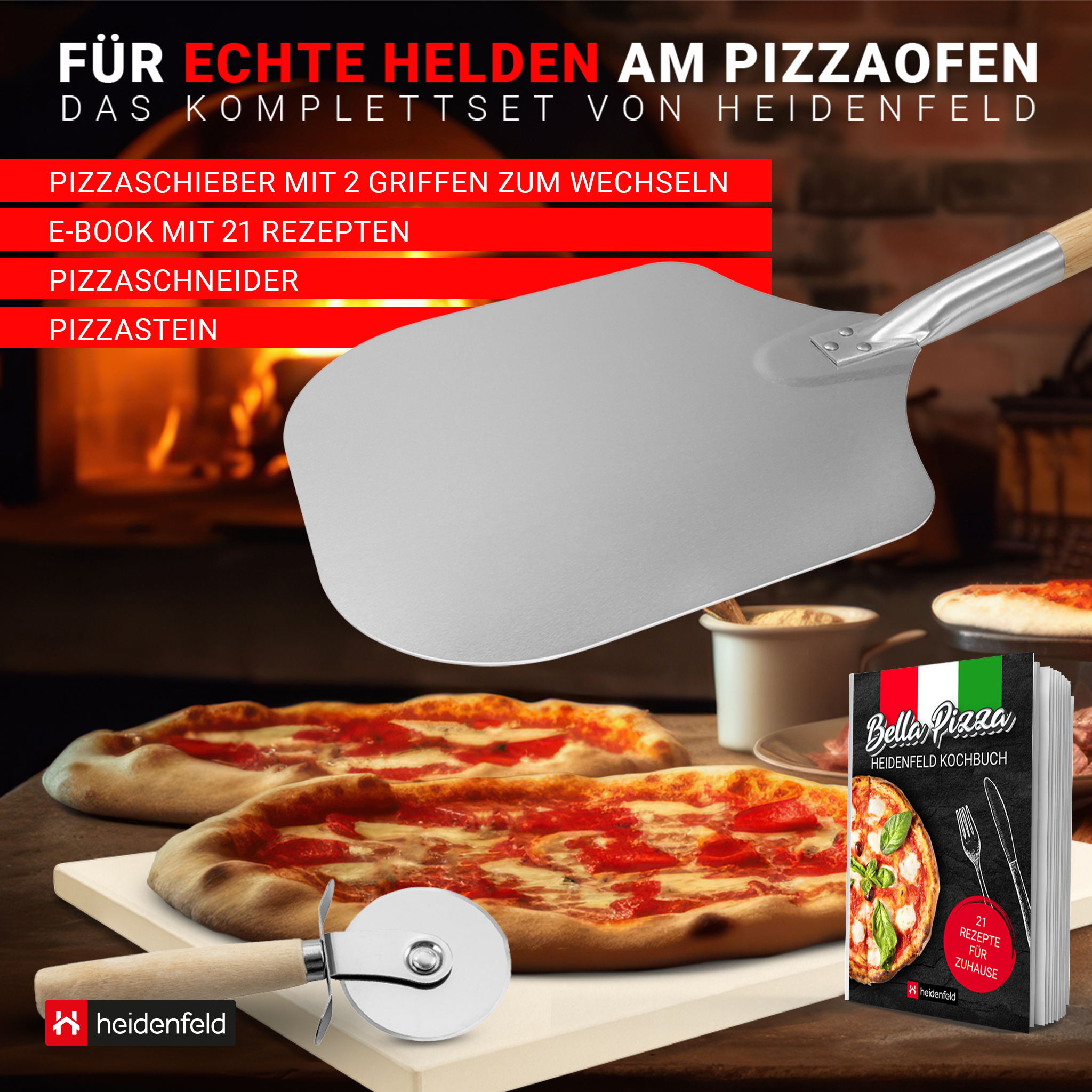 Pizzaofen-Set mit Pizzastein, Schneider, Schaufel und Rezepten. Pizza liegt auf dem Stein.