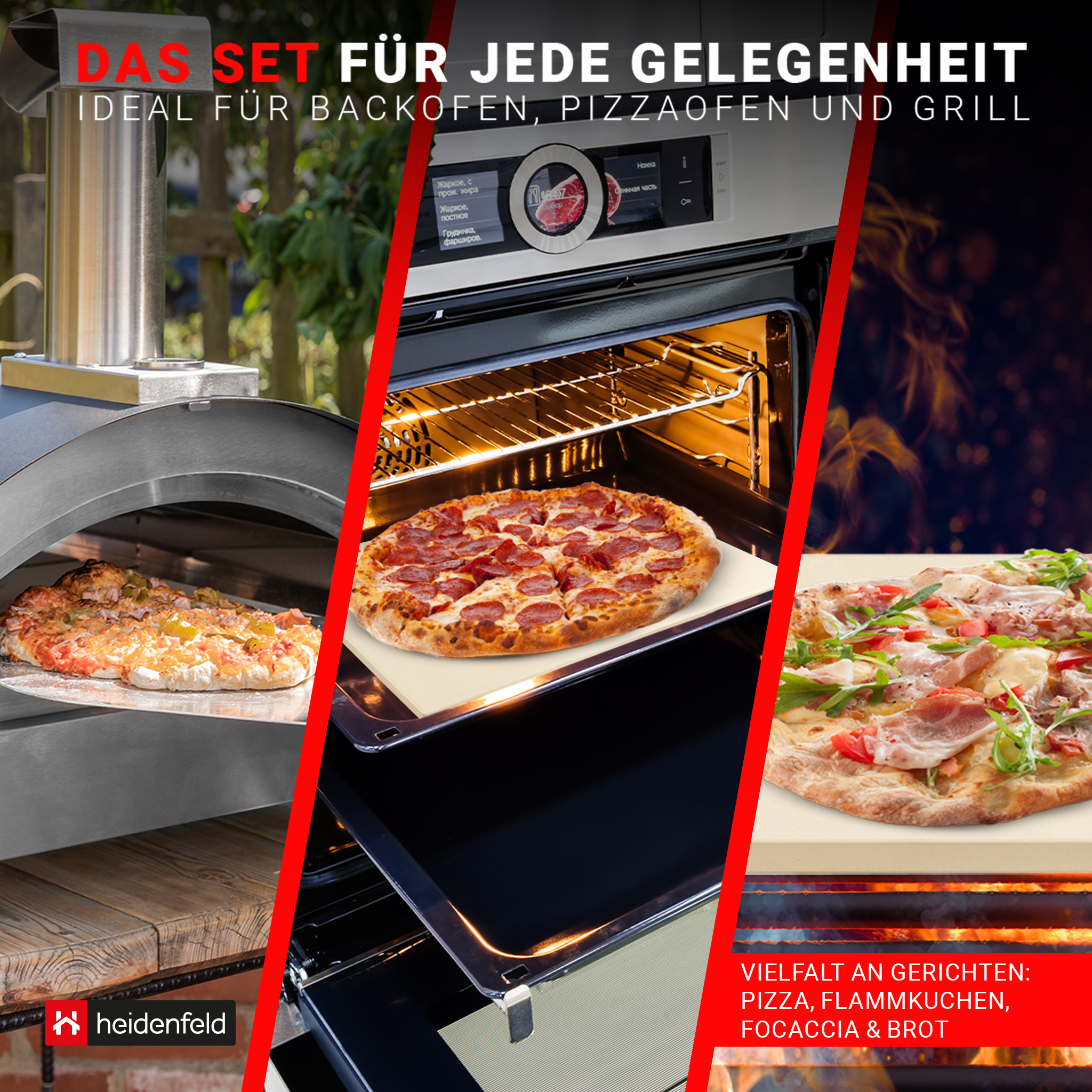 Eine Collage von Pizzen in Öfen. Eine liegt auf einem Schieber, zwei auf Blechen. Text sagt: 'Ideal für Backofen...'