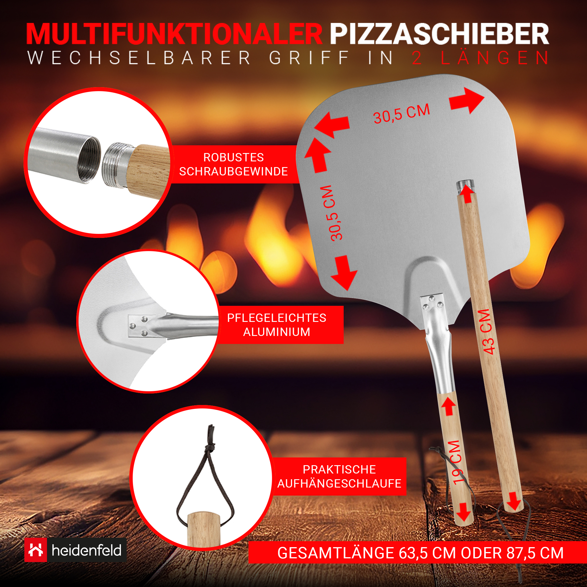 Nahaufnahme einer Pizzaschaufel mit beschrifteten Abmessungen und Merkmalen. Der Hintergrund ist ein Kamin.
