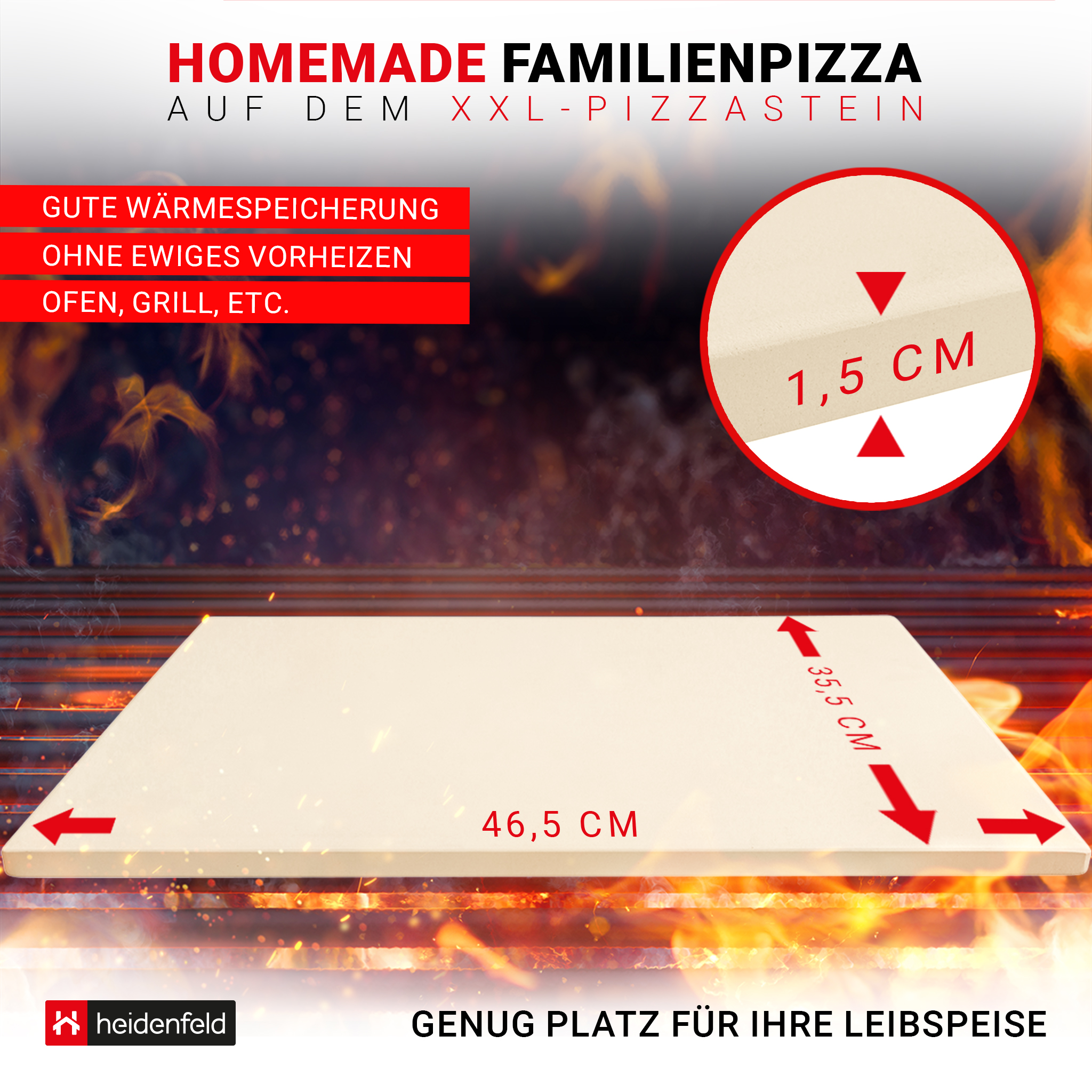 Pizzastein mit Text und Maßen. Der Stein liegt auf einem Grill mit Flammen.