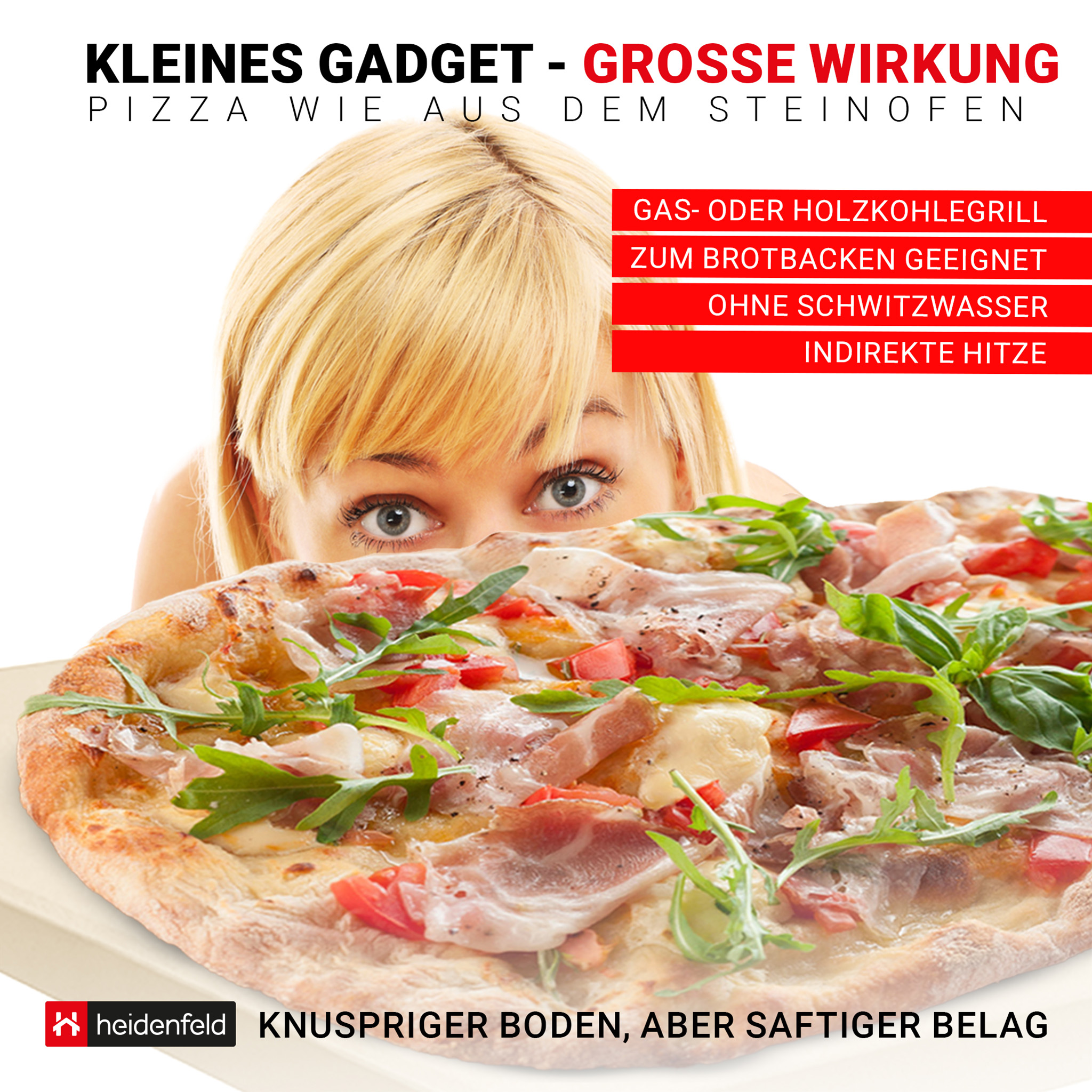 Pizza mit Belag, Frau schaut darüber, Textbeschriftungen.