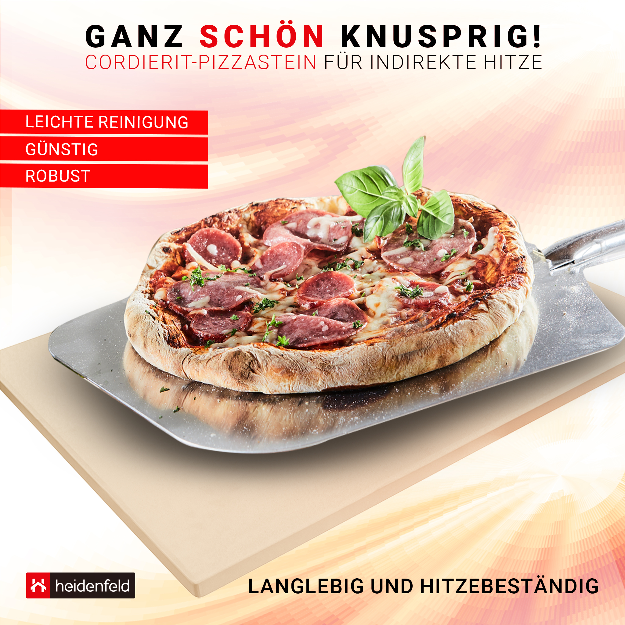Pizza auf Stein mit Pizzaschaufel und Text über knusprige Pizza.