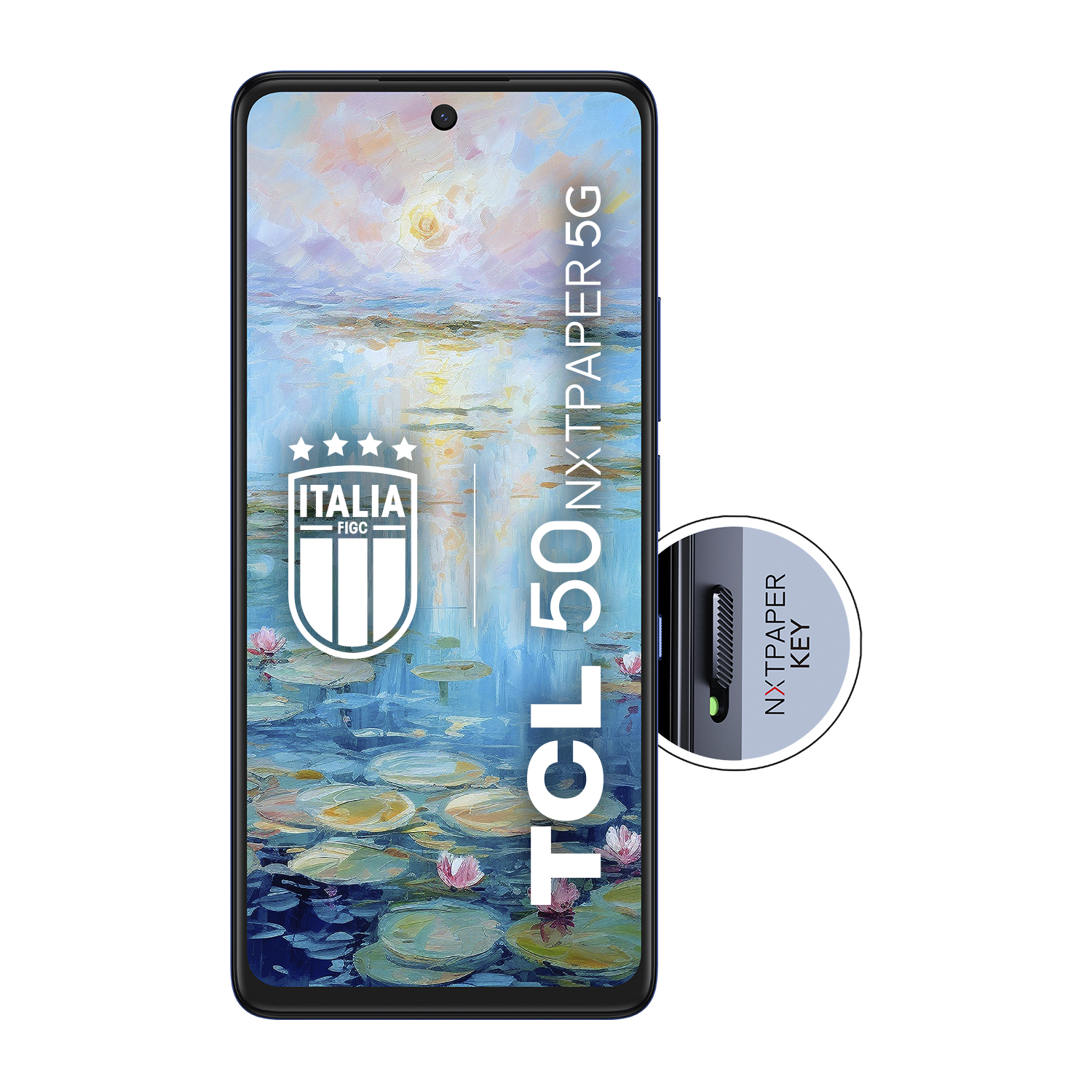 Teléfono TCL en una escena acuática con texto y llave.