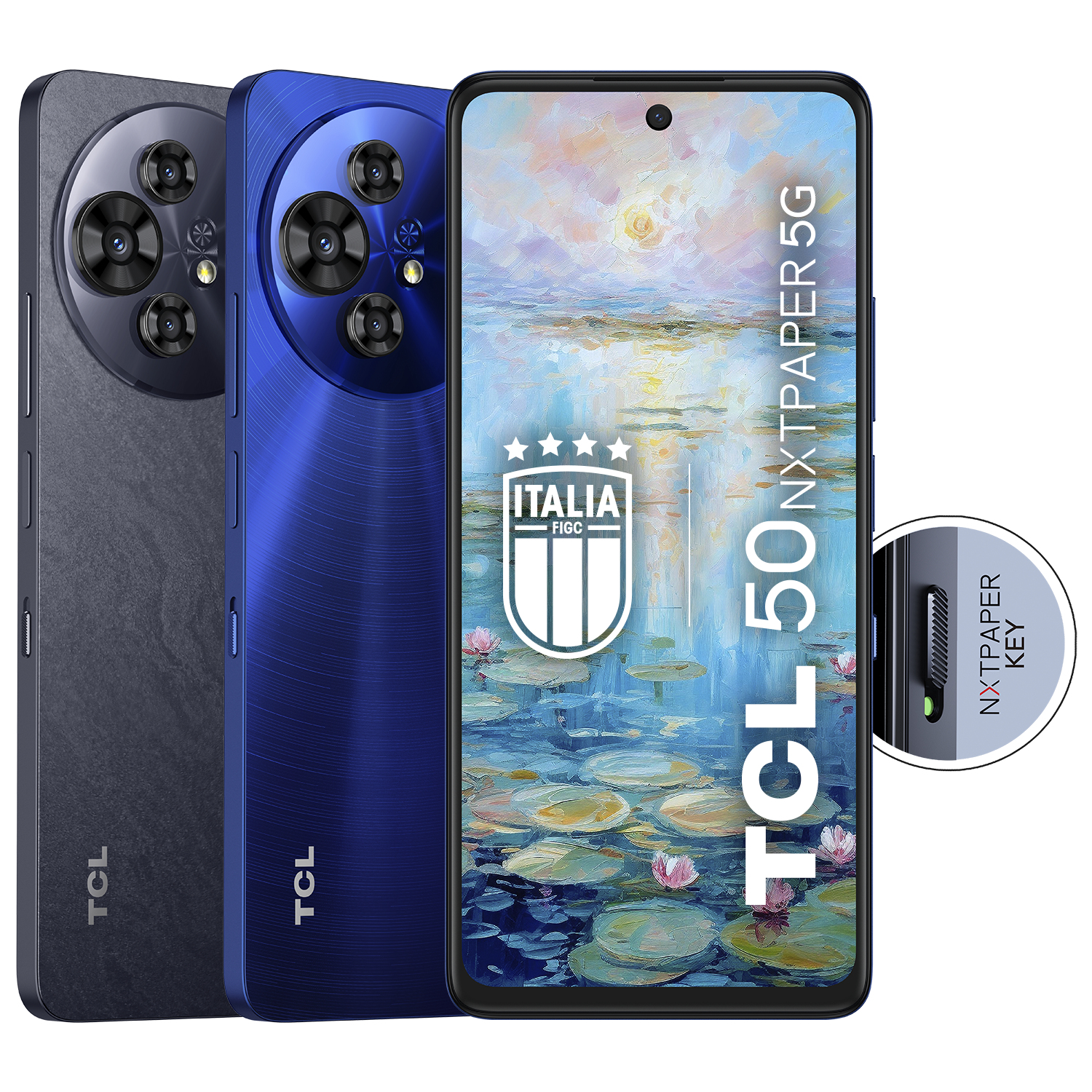 Tres teléfonos: dos azules y uno gris. Muestran nenúfares y un logotipo, todos con una llave.
