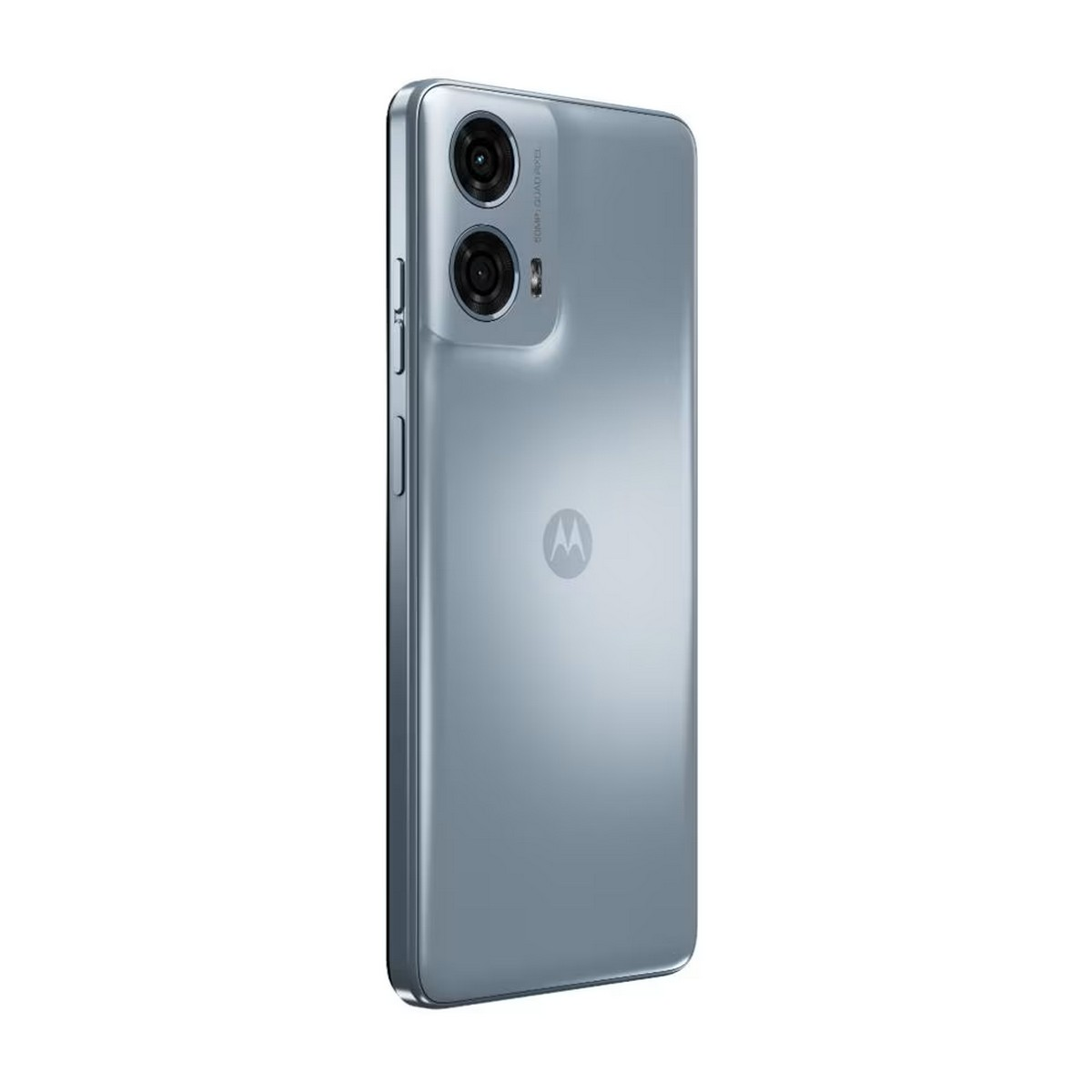Un teléfono inteligente plateado, visto de lado, con una cámara de doble lente.