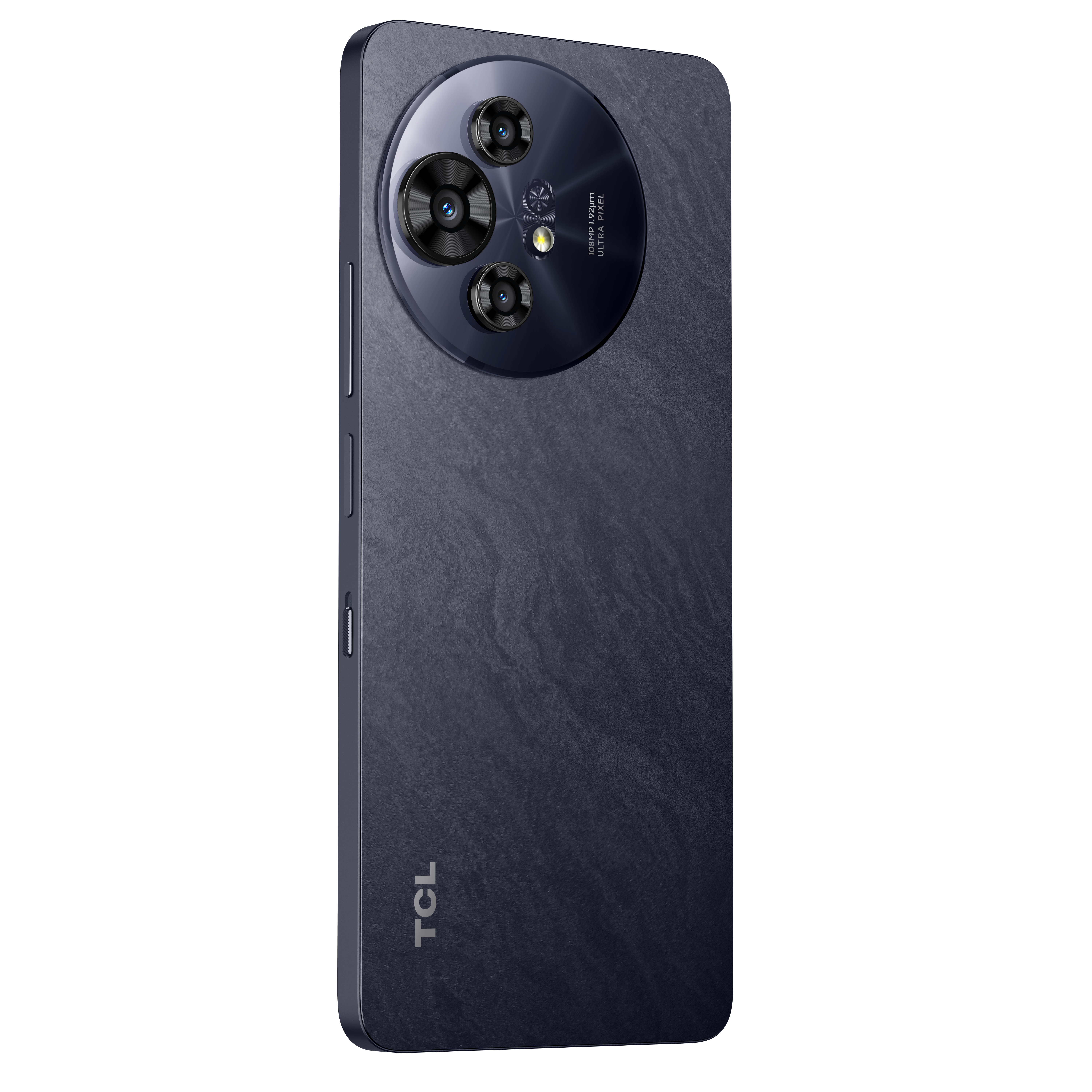 Ciemny telefon z trzema obiektywami aparatu. Telefon ma teksturowaną powierzchnię.