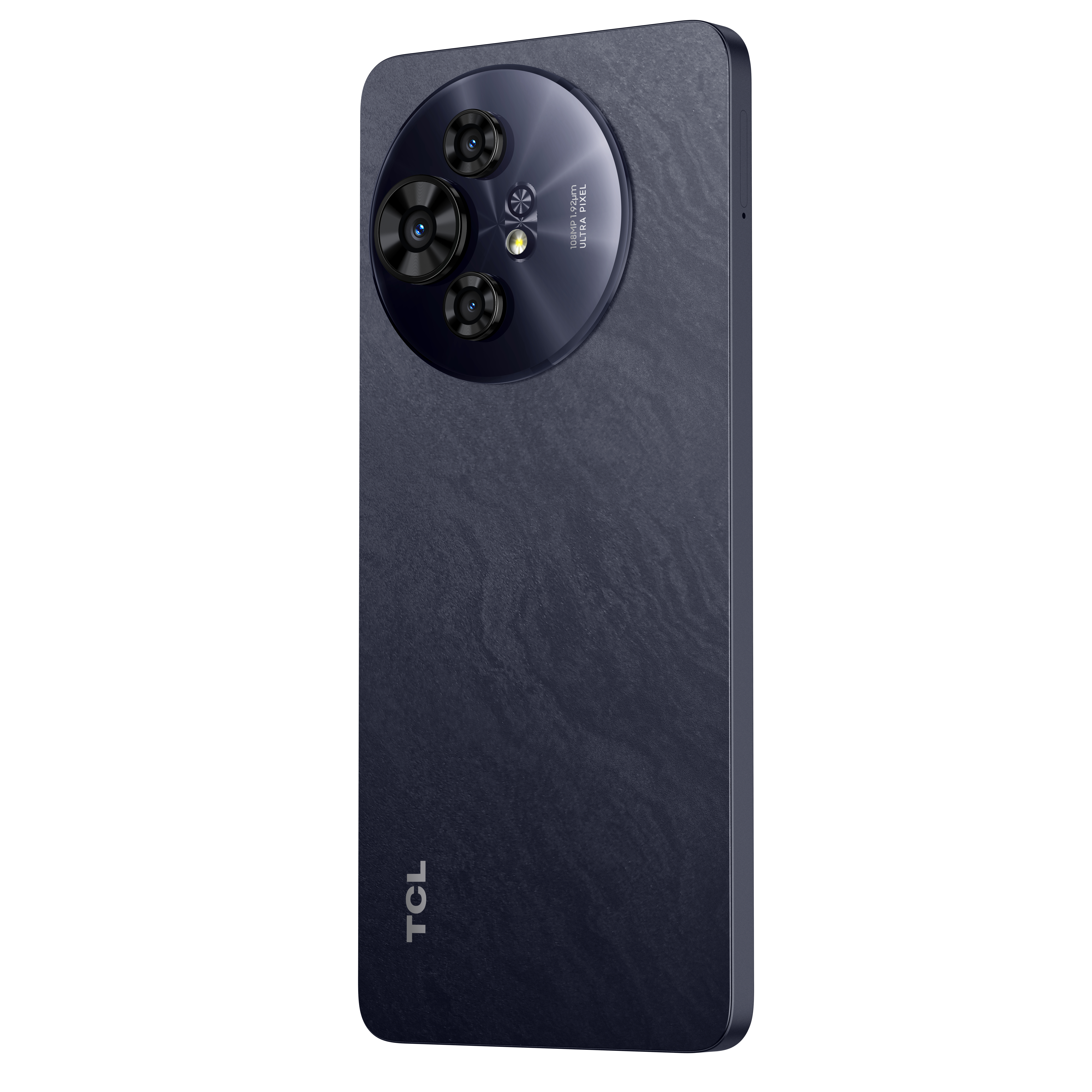 Ciemnoniebieski telefon z wieloma obiektywami aparatu i logo TCL na dole.