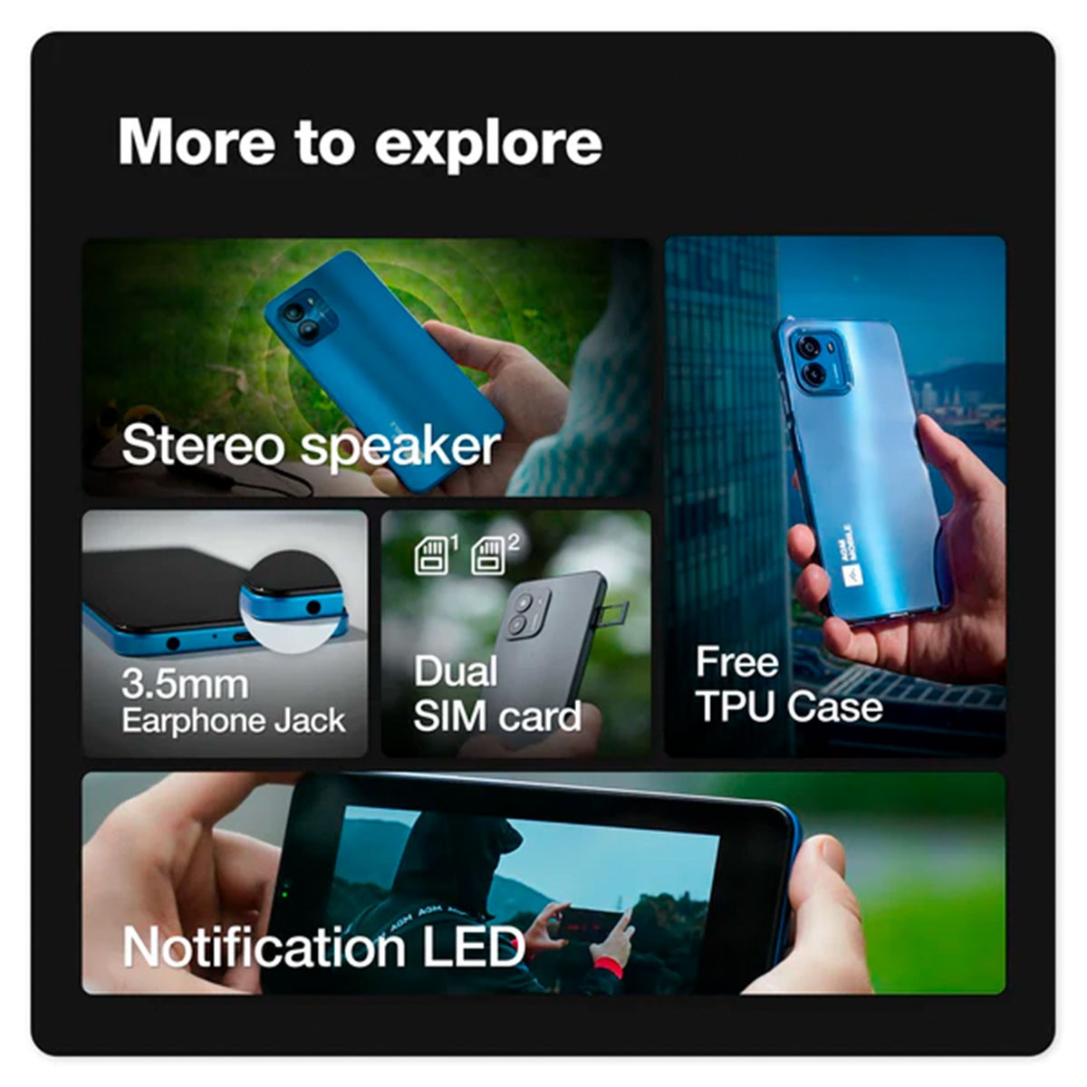 Ein Telefon mit dem Text 'More to explore' und Details zu den Funktionen, einschließlich einer Dual-SIM-Karte.
