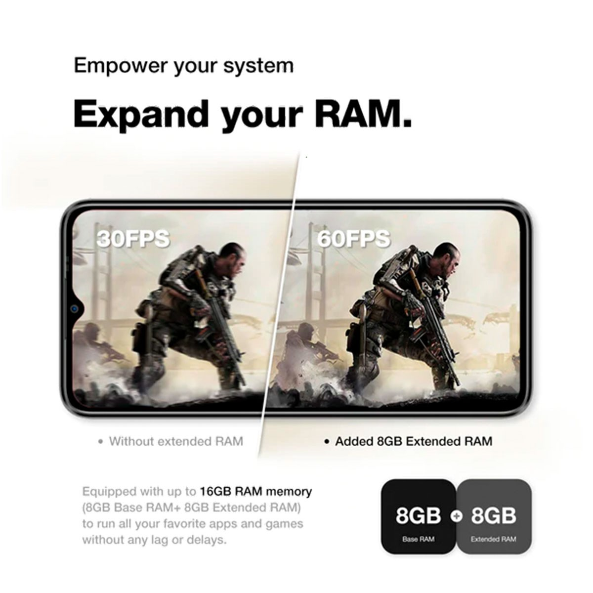 Ein Telefon, das ein Spiel mit Soldaten und Text über erweiterten RAM zeigt, sowie zwei 8GB RAM-Symbole.