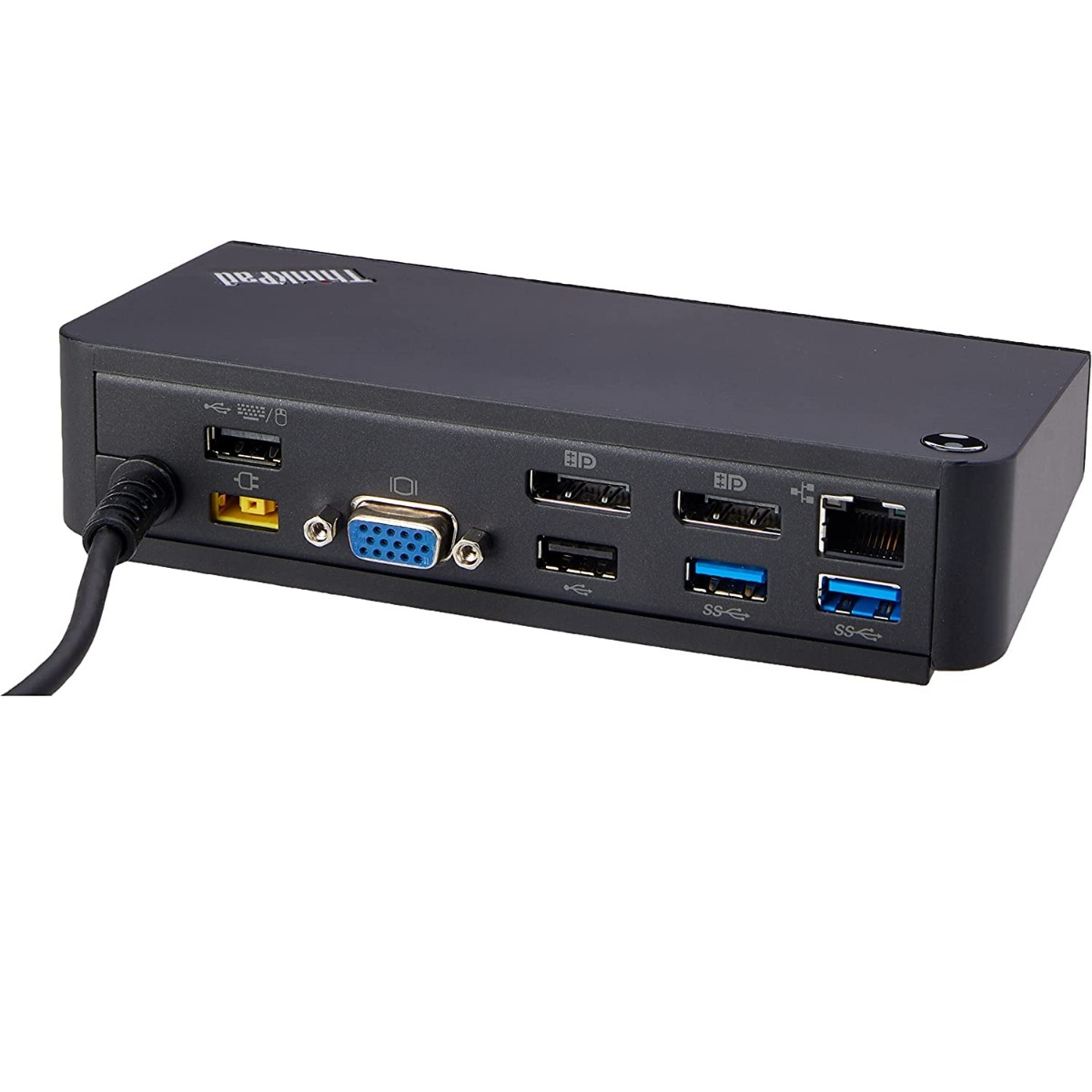 Schwarze ThinkPad Dockingstation mit verschiedenen Anschlüssen, von vorne betrachtet.