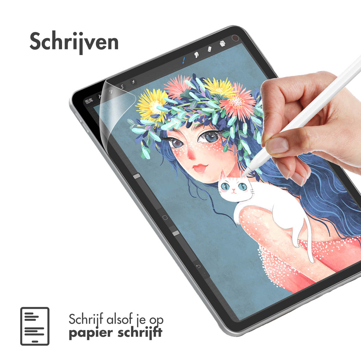 Una persona disegna su un tablet con una penna, con un'illustrazione di un gatto sullo schermo.