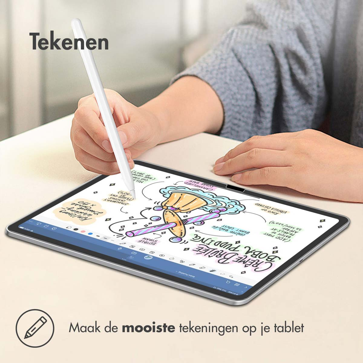 Tablet con stilo. Disegno sullo schermo. Testo: Crea i disegni più belli sul tuo tablet.