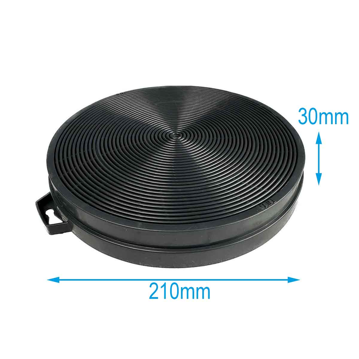 Schwarzer Aktivkohlefilter für eine Dunstabzugshaube. Er ist rund, Durchmesser 210mm, Dicke 30mm.