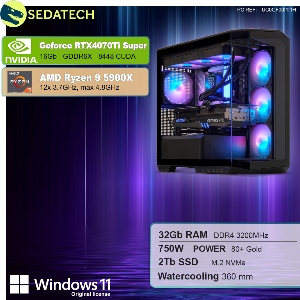 Sedatech PC mit Komponenten: AMD Ryzen 9 5900X, Nvidia RTX4070Ti Super, 32GB RAM, 2TB SSD.