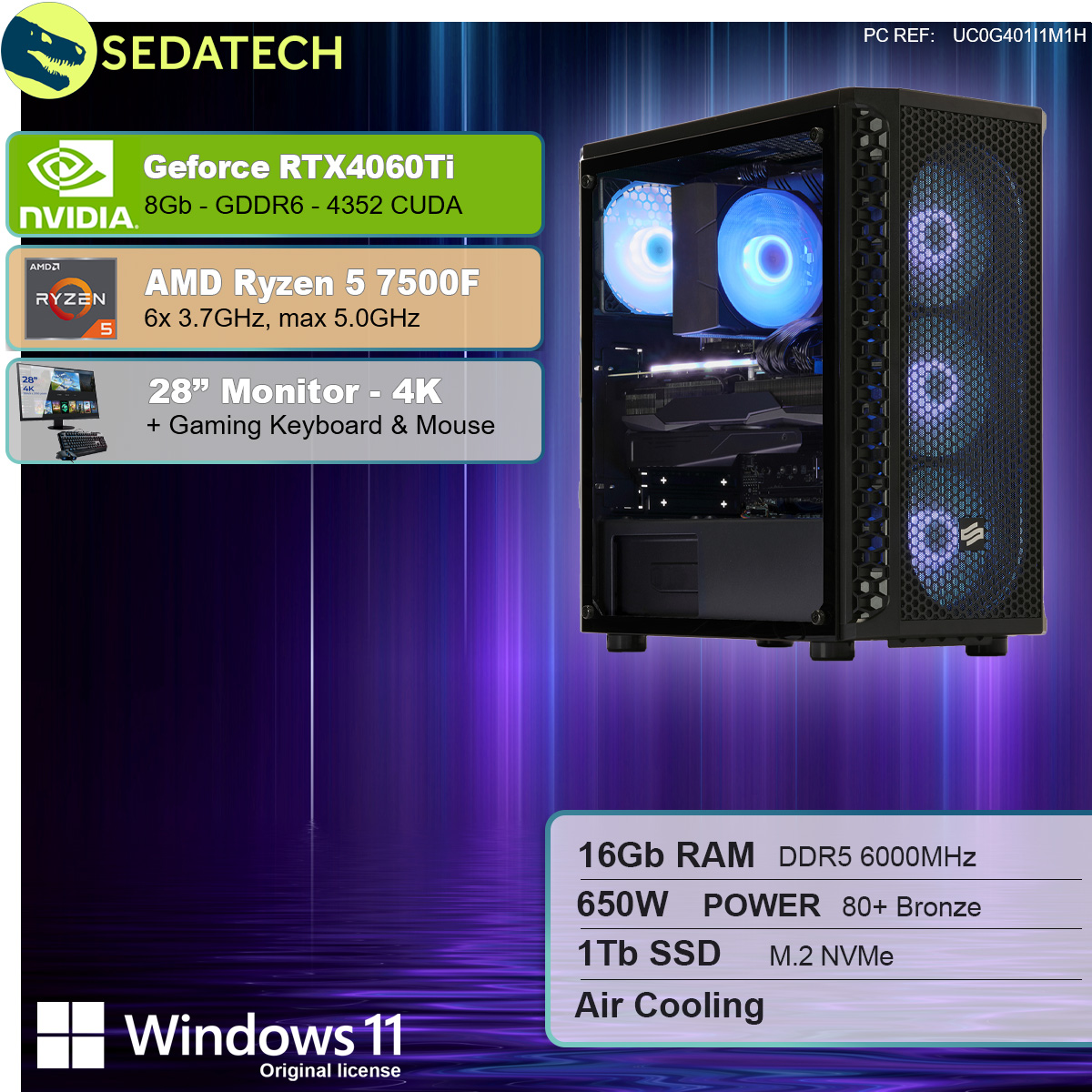Ein Computergehäuse mit Komponenten. Merkmale Nvidia, AMD Ryzen, Monitor, Tastatur, Maus, Windows.
