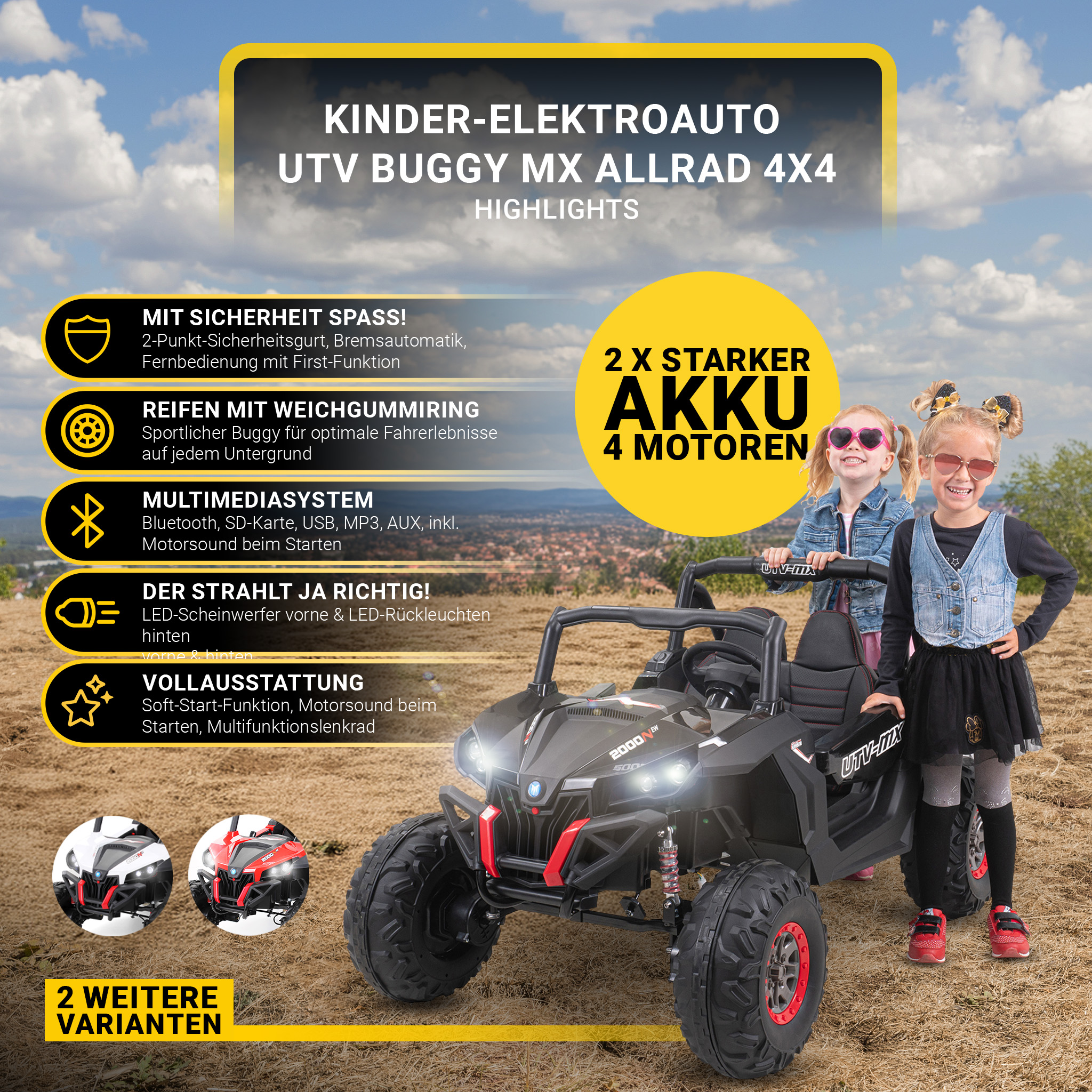 Elektrischer UTV-Buggy für Kinder mit zwei Mädchen davor, die Funktionen und Varianten zeigen.
