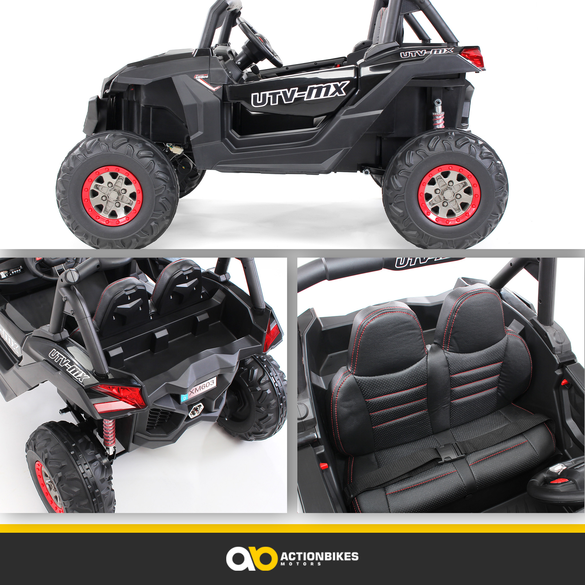 Schwarzes UTV-MX Kinderspielzeugauto, mit roten Rädern. Enthält Nahaufnahmen von Sitzen und Rückansicht. Actionbikes Motors Logo.