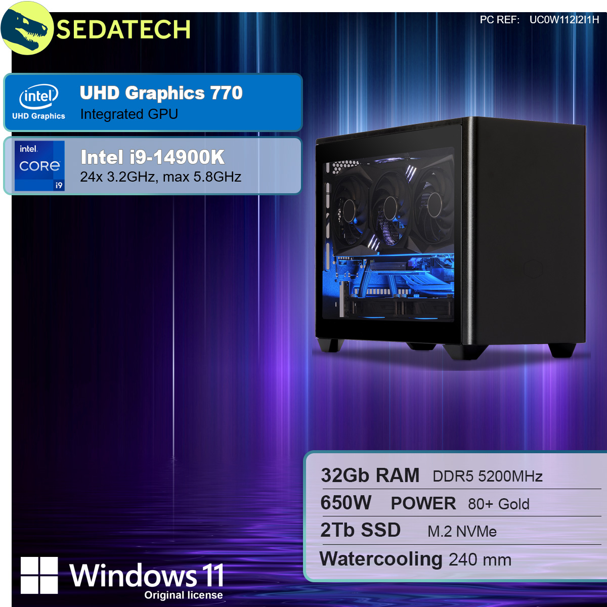 Komputer do gier z czarną obudową, specyfikacjami po lewej i logo na górze.