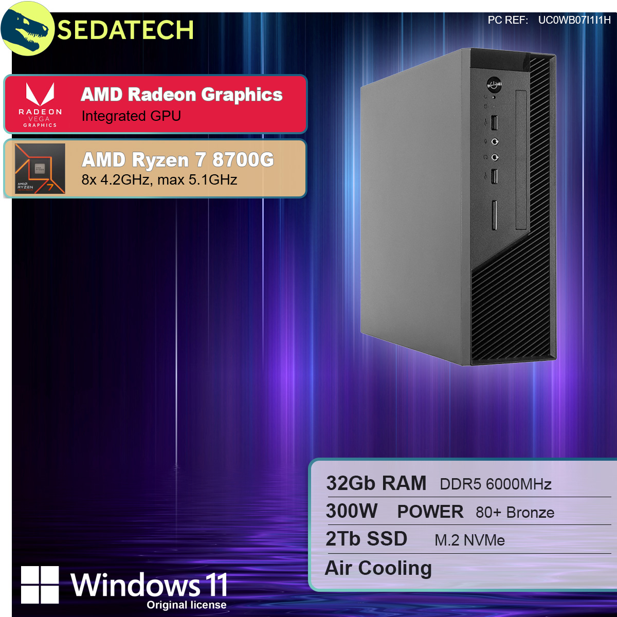 Szary komputer stacjonarny. Specyfikacja: Ryzen 7 8700G, 32GB RAM, 2TB SSD.
