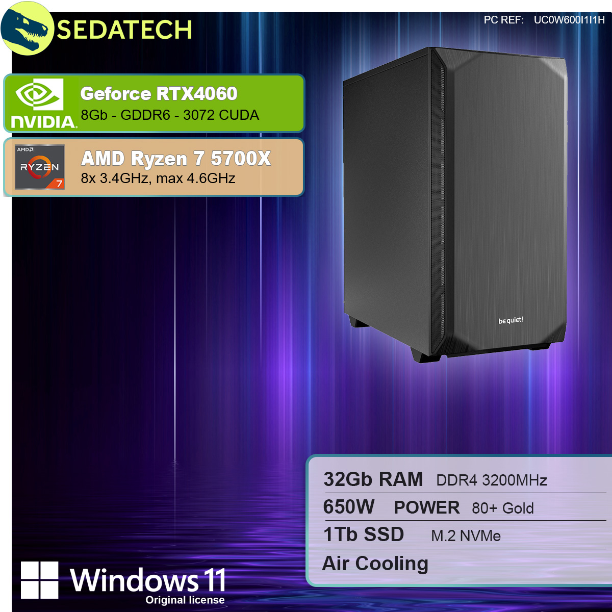 Schwarzes PC-Gehäuse mit Nvidia-Label und internen Komponenten. Ein lila und blauer Hintergrund ist vorhanden.