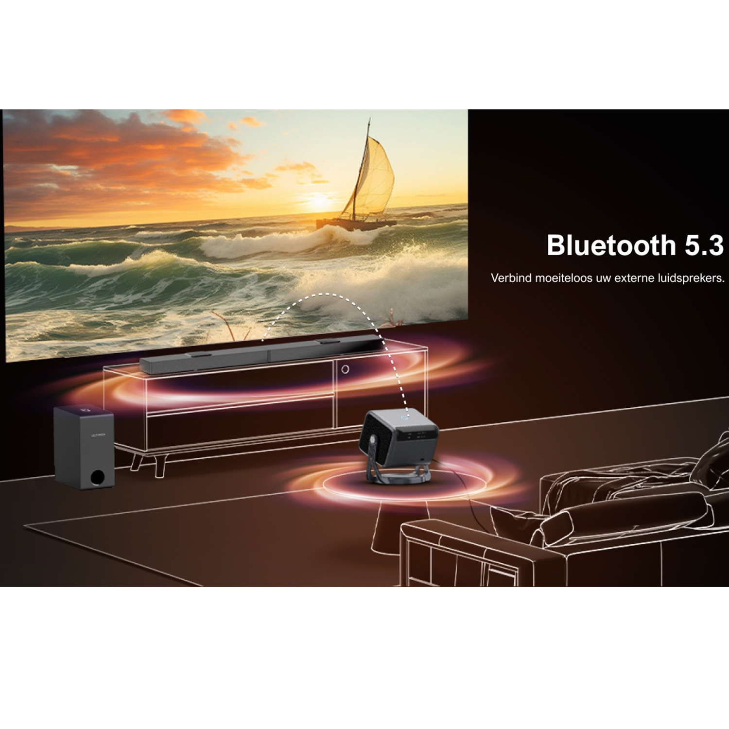A projector projects an image onto a screen. The screen shows a boat. A soundbar and subwoofer are visible.