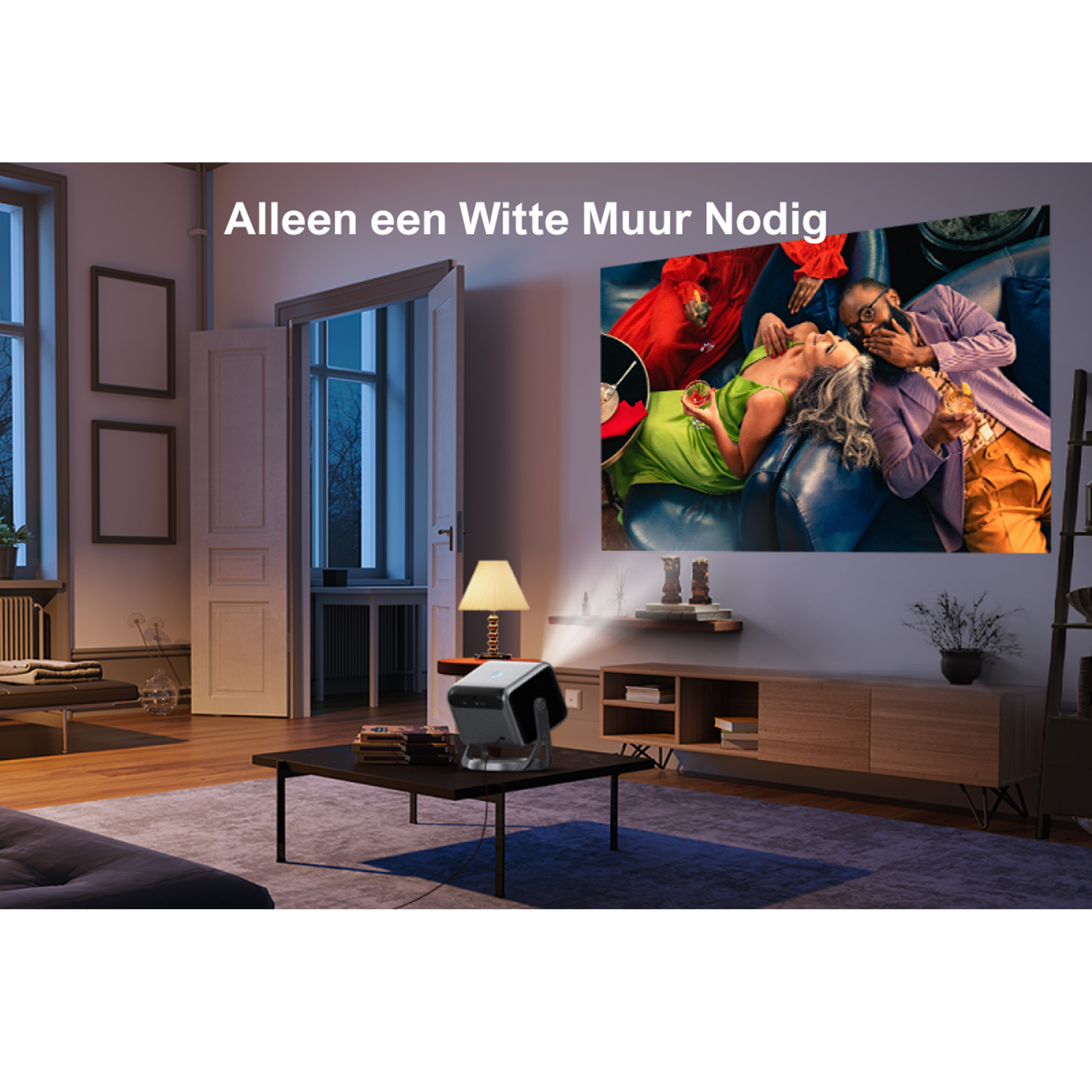 Home interior with projector displaying an image on a wall. Text: All you need is a white wall.