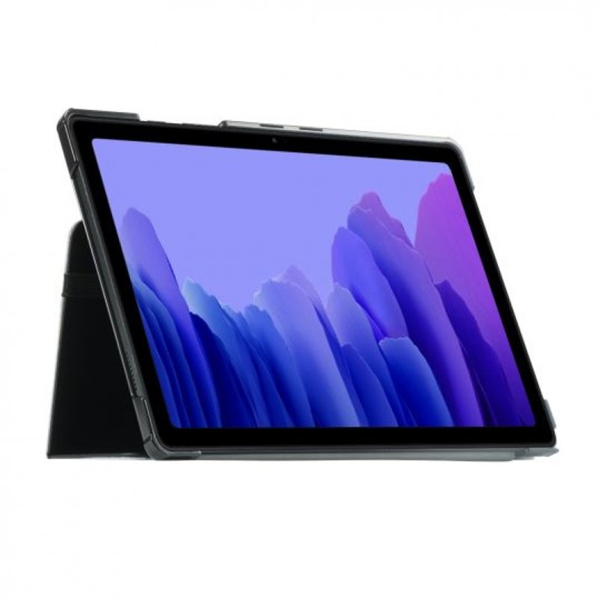 Una tableta en una funda negra está abierta en ángulo con un fondo abstracto azul y morado en la pantalla.