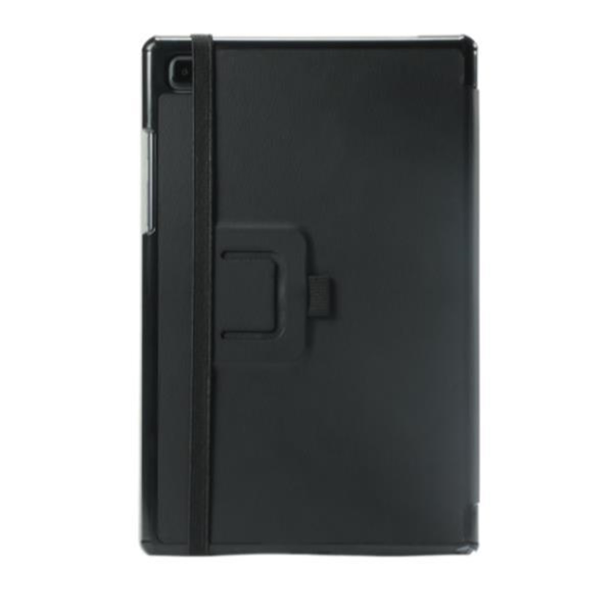 Funda negra para tableta con cierre y banda elástica negra, aislada en blanco.
