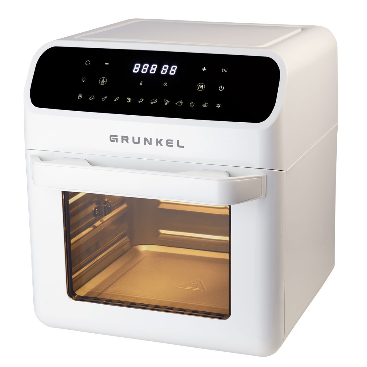 Freidora de aire blanca con pantalla digital e iconos de cocina en la parte superior.